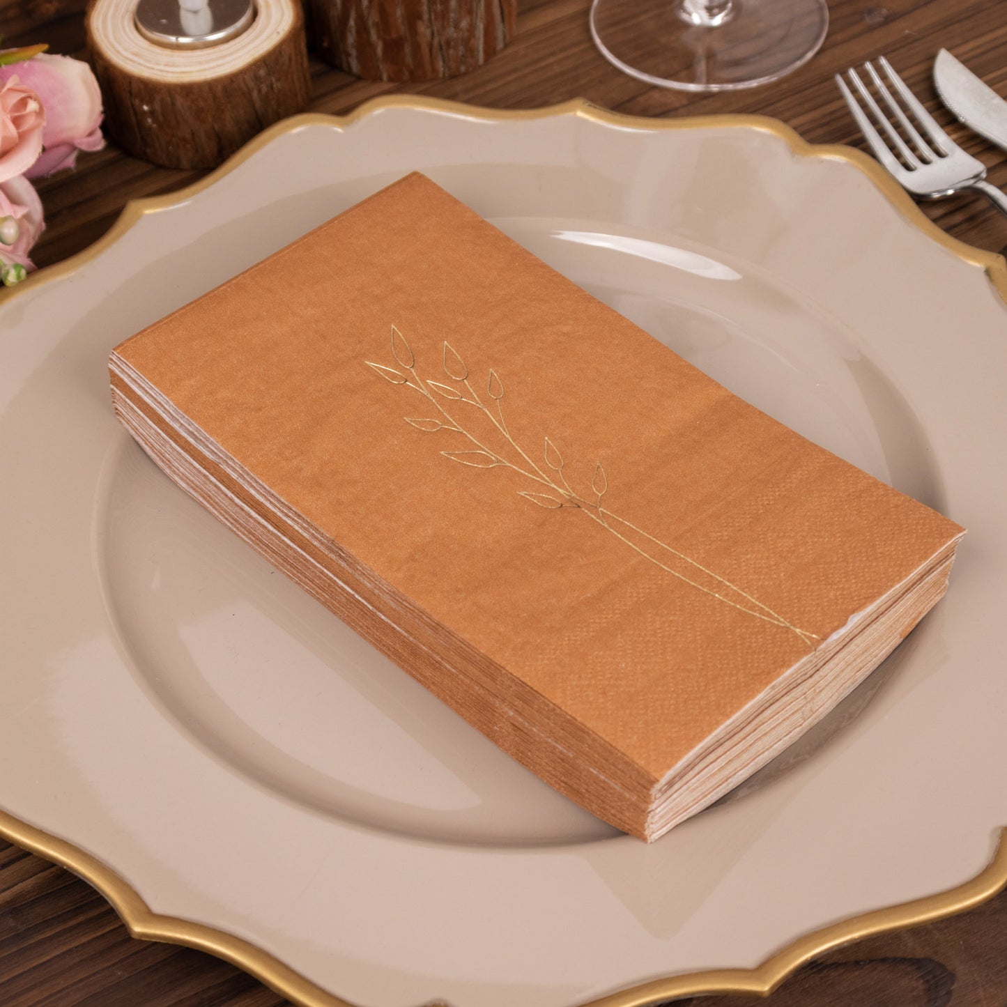 50 Pack Terracotta (Rust) 2 Ply Paper Dinner Napkins with Gold Embossed Leaf, Soft Disposable Wedding Party Napkins - 18 GSM