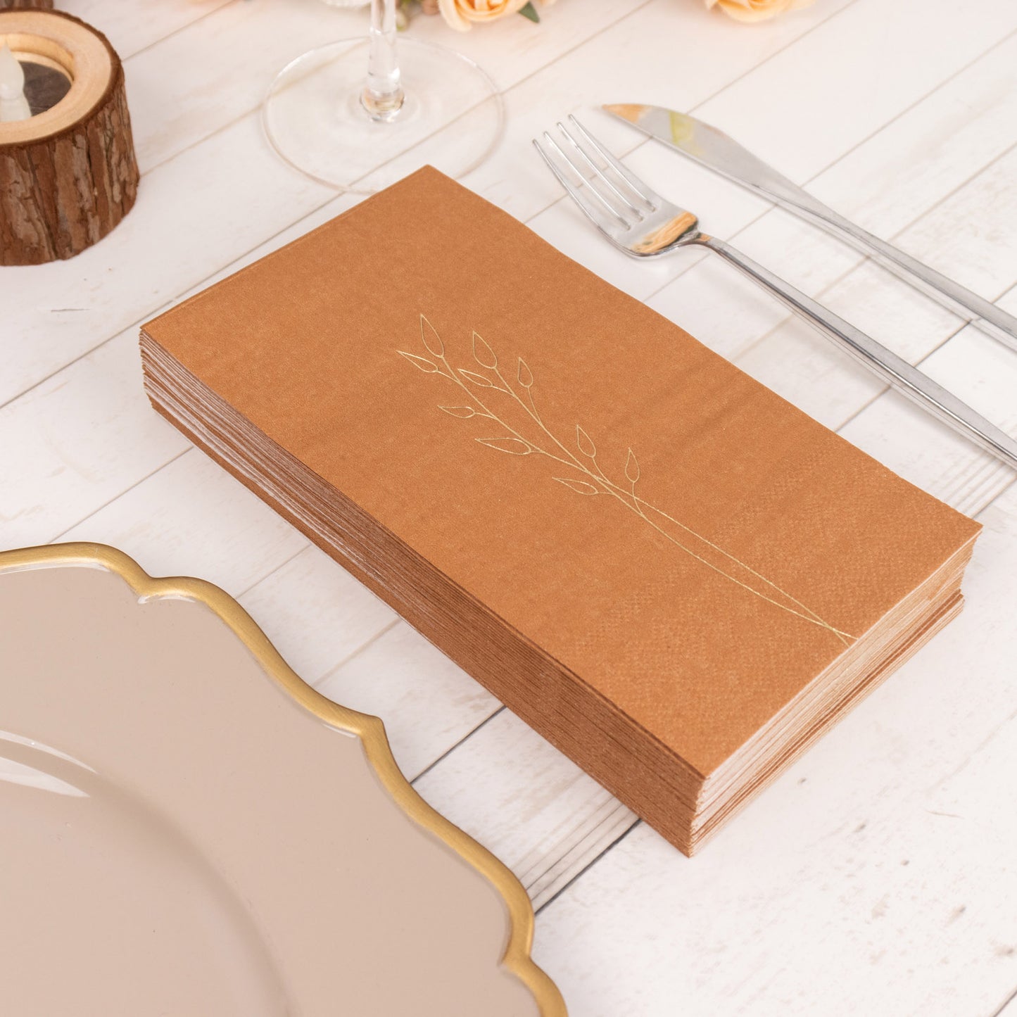 50 Pack Terracotta (Rust) 2 Ply Paper Dinner Napkins with Gold Embossed Leaf, Soft Disposable Wedding Party Napkins - 18 GSM