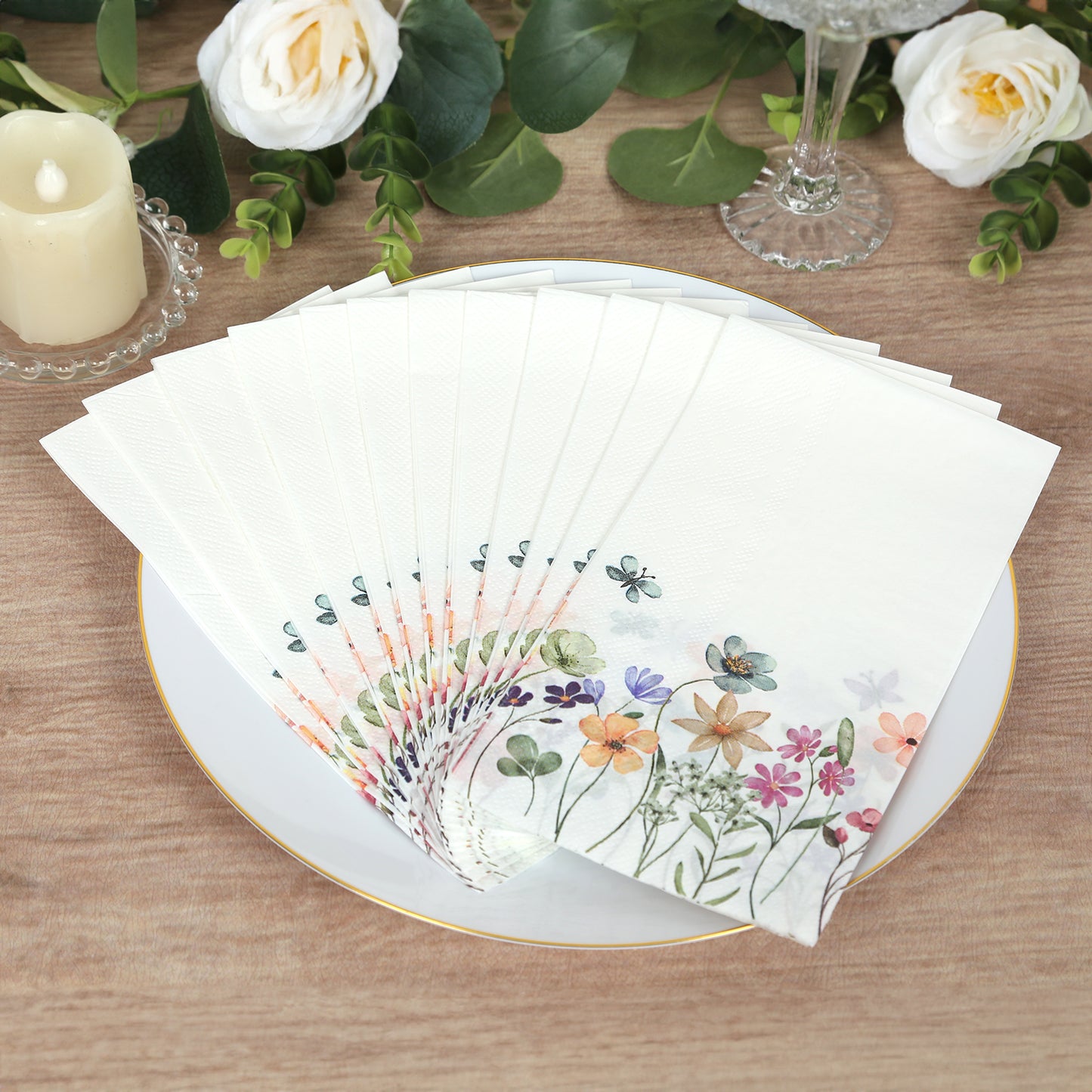 50 Pack Wildflower Butterfly Paper Party Napkins, Soft 2-Ply Highly Absorbent Disposable Dinner Napkins - 8"x4"