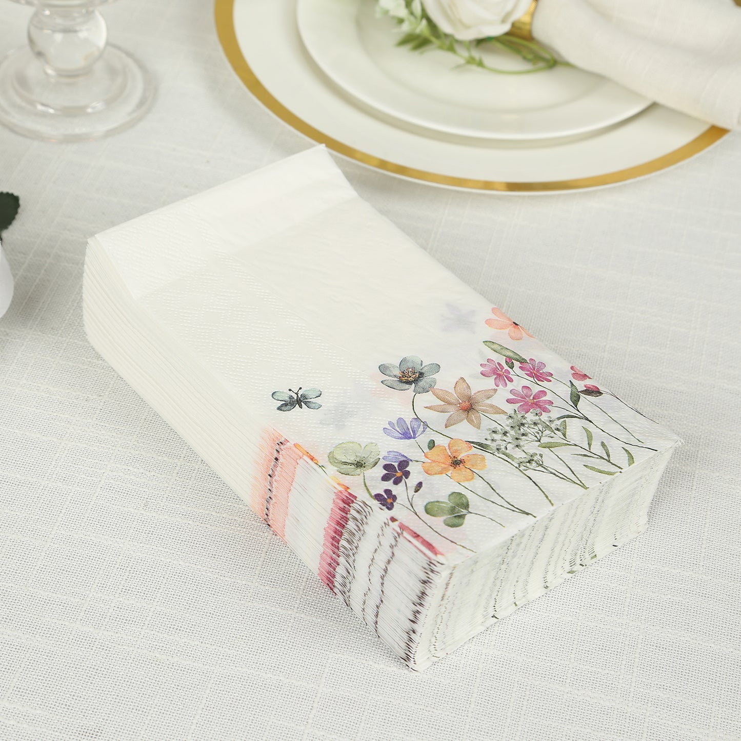 50 Pack Wildflower Butterfly Paper Party Napkins, Soft 2-Ply Highly Absorbent Disposable Dinner Napkins - 8"x4"