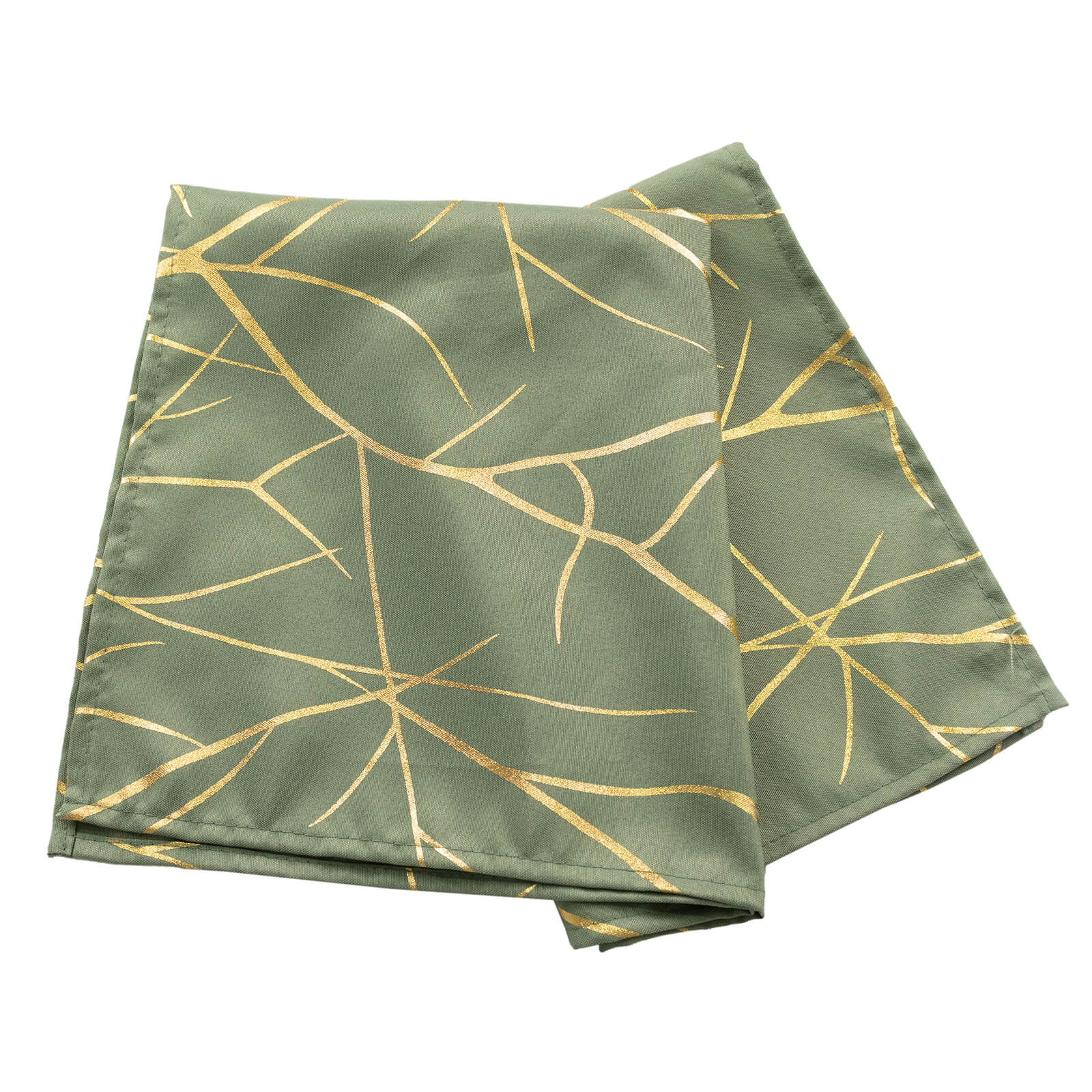 Dusty sage green dinner napkins with gold foil tree branch pattern.
