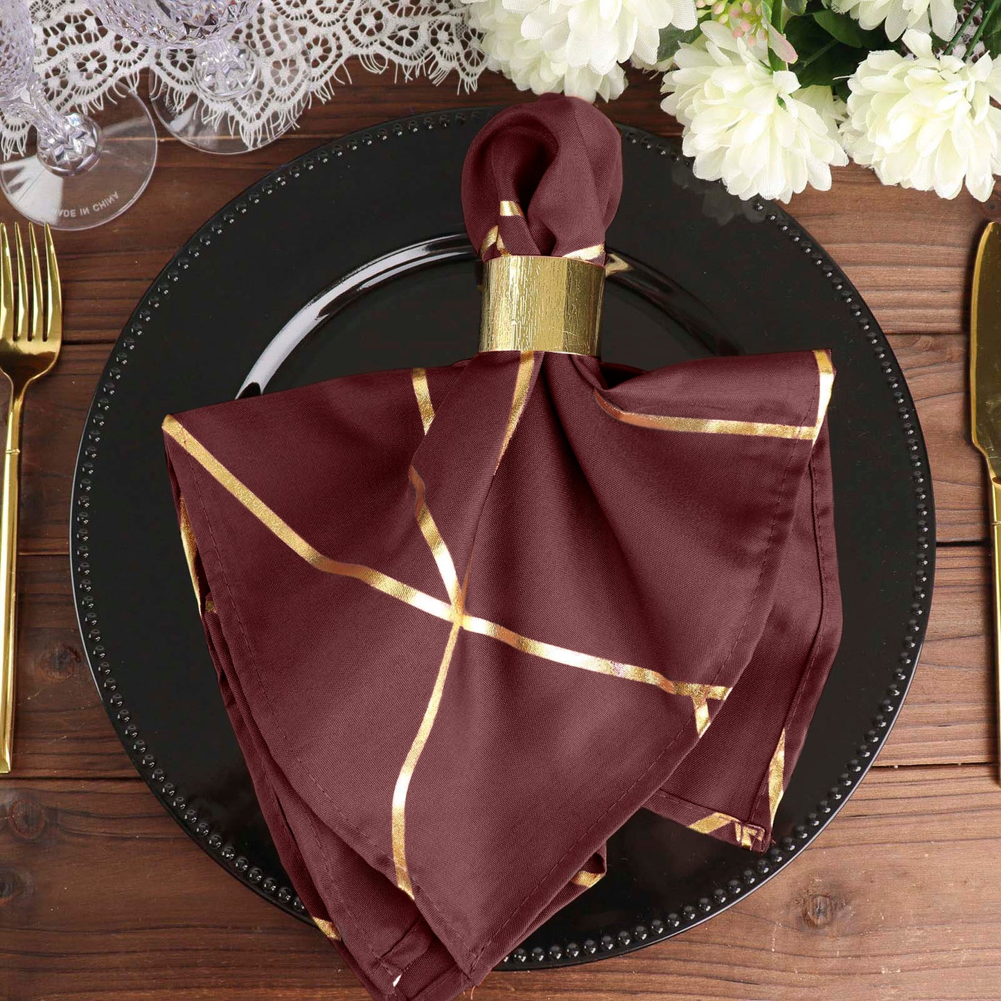 Burgundy Cloth Napkins With Gold Modern Geometric Print 20x20 Inch Square