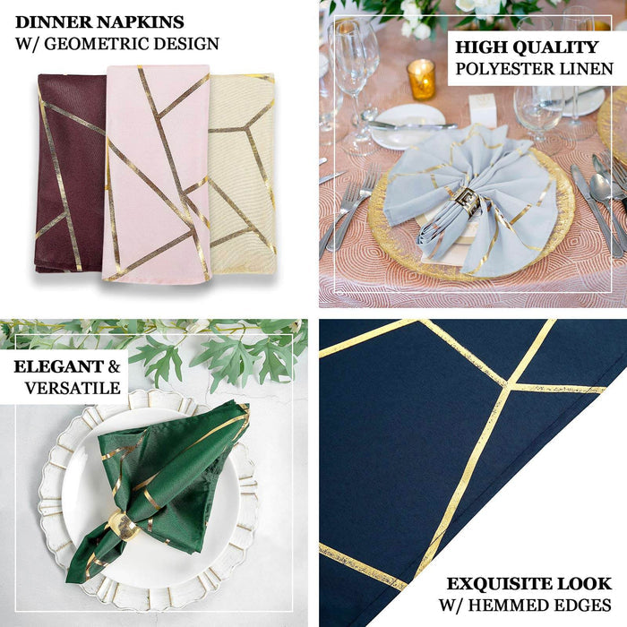 5 Pack | Sage Green With Geometric Gold Foil Cloth Polyester Dinner Napkins | 20"x20"