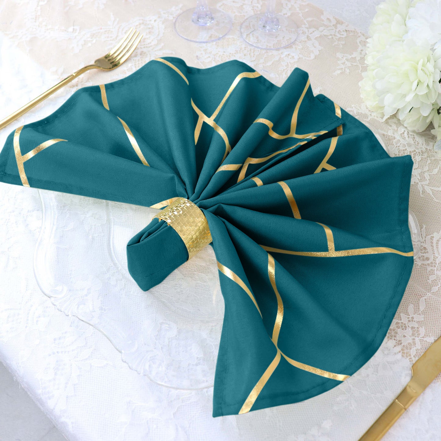 5 Pack | Peacock Teal With Geometric Gold Foil Cloth Polyester Dinner Napkins#whtbkgd