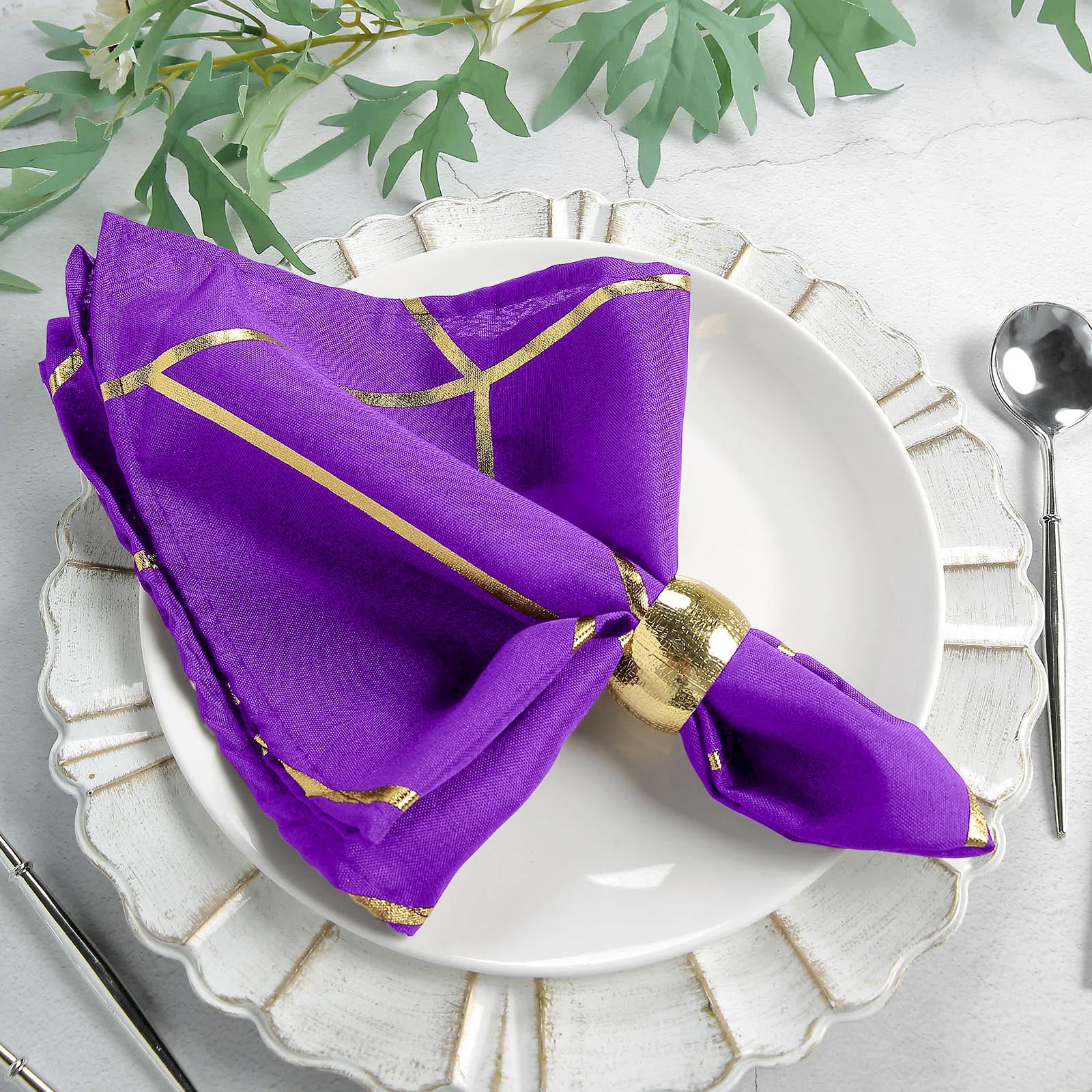 5 Pack Purple Polyester Cloth Napkins with Gold Foil Geometric Design 20 Inch x 20 Inch