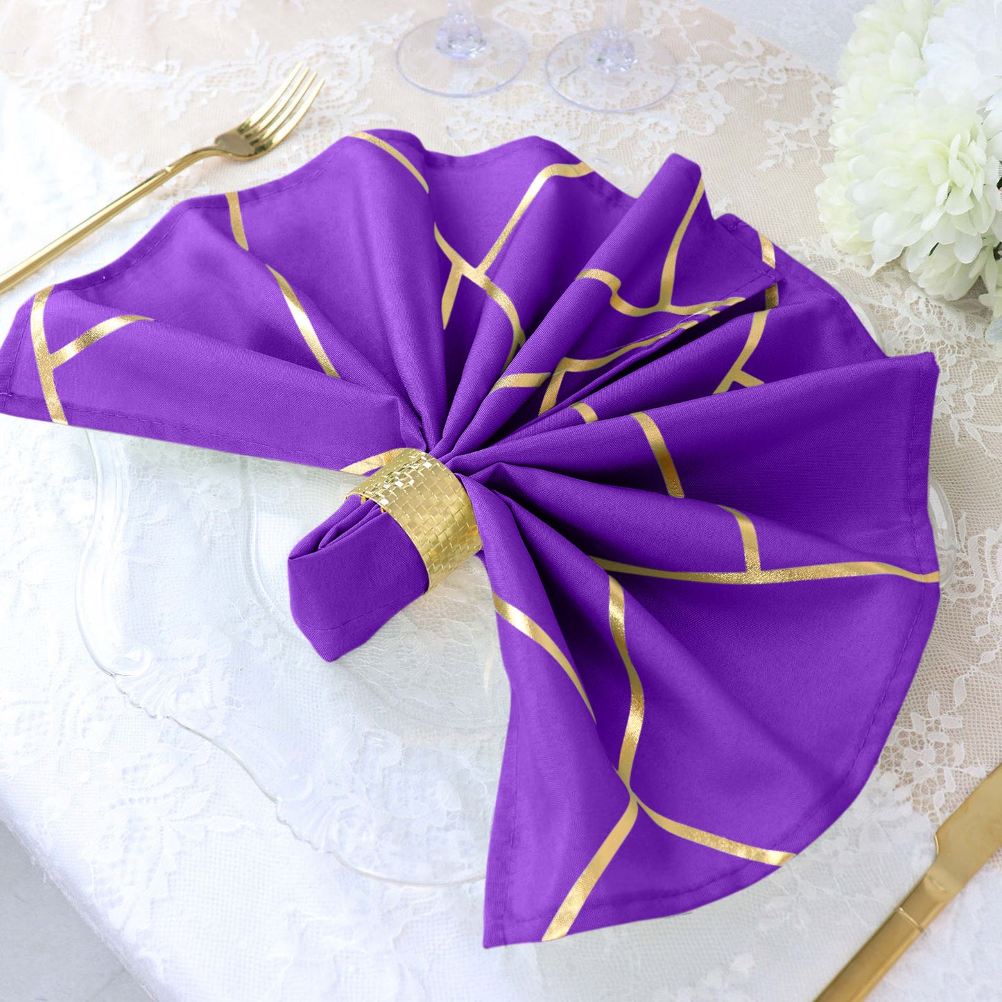 5 Pack Purple Polyester Cloth Napkins with Gold Foil Geometric Design 20 Inch x 20 Inch