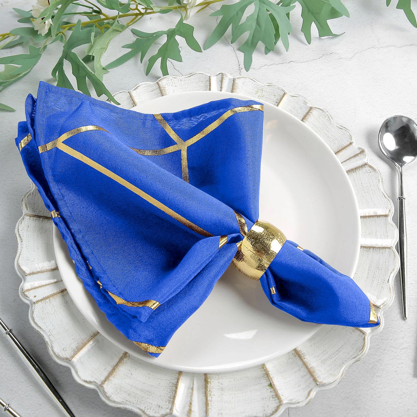 5 Pack Royal Blue Polyester Cloth Napkins with Gold Foil Geometric Design 20 Inch x 20 Inch