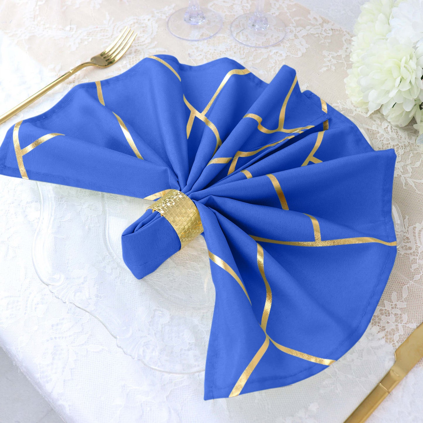 5 Pack Royal Blue Polyester Cloth Napkins with Gold Foil Geometric Design 20 Inch x 20 Inch