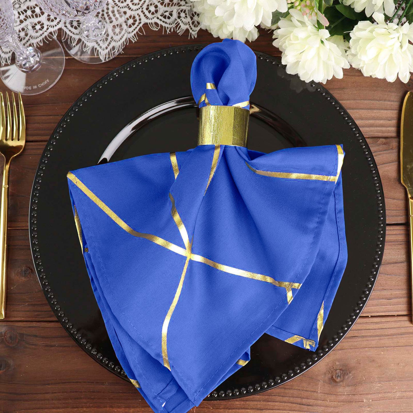 5 Pack Royal Blue Polyester Cloth Napkins with Gold Foil Geometric Design 20 Inch x 20 Inch