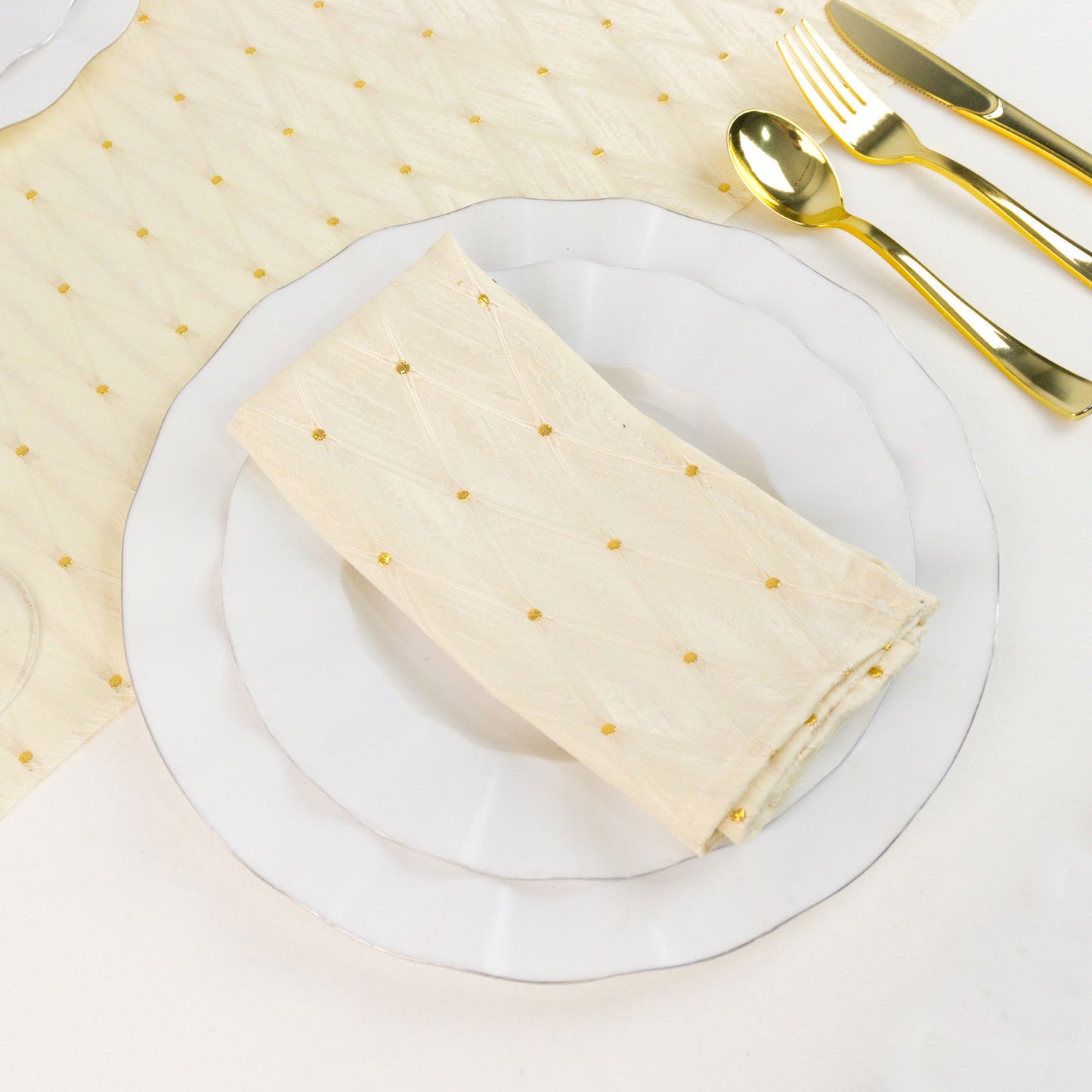 5 Pack Jacquard Cloth Napkins Ivory, 17"x17" - Diamond Trellis with Gold Accent Dots