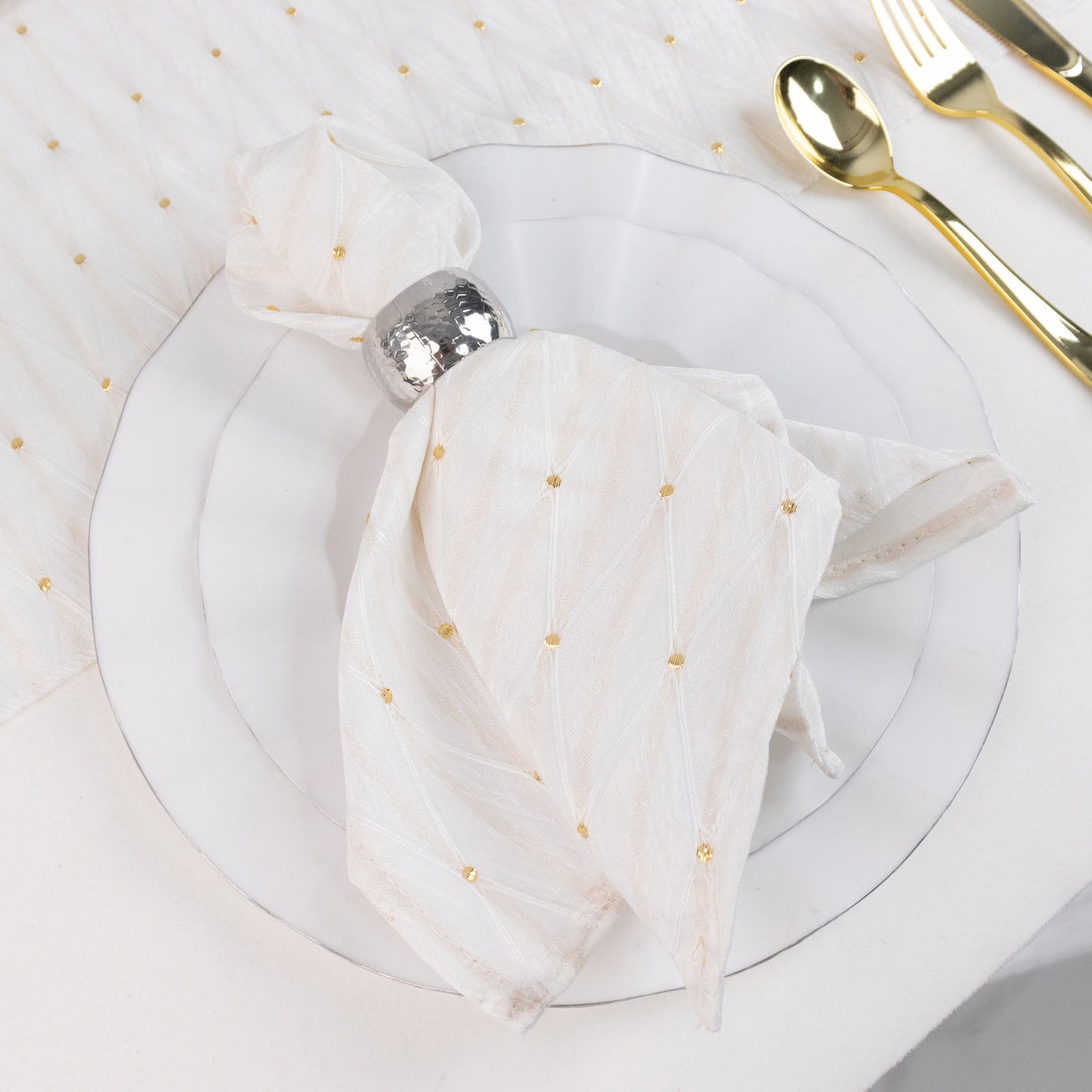 5 Pack Jacquard Cloth Napkins White, 17"x17" - Diamond Trellis with Gold Accent Dots