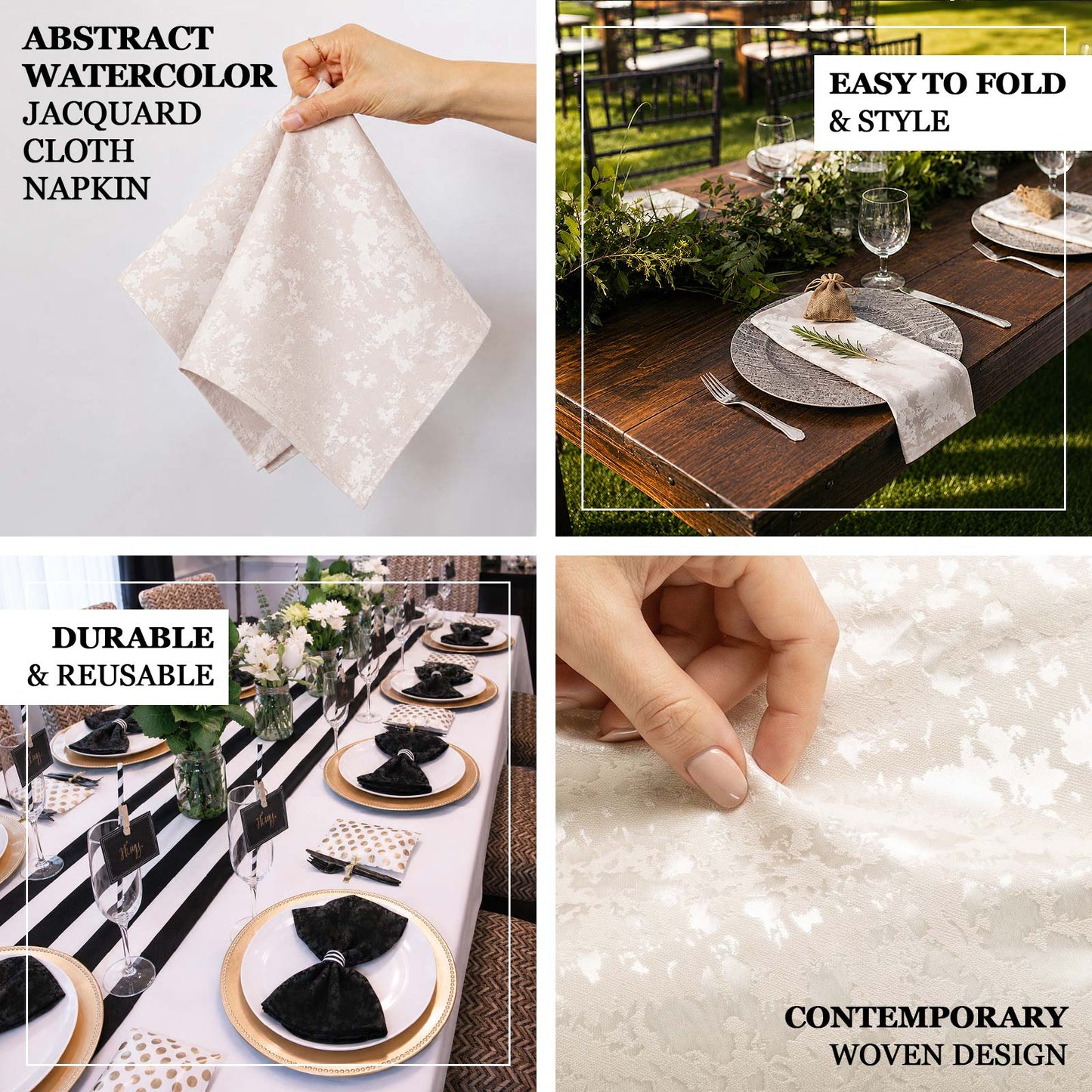 5 Pack Jacquard Cloth Napkins Black, 17"x17" - Abstract Watercolor Pattern