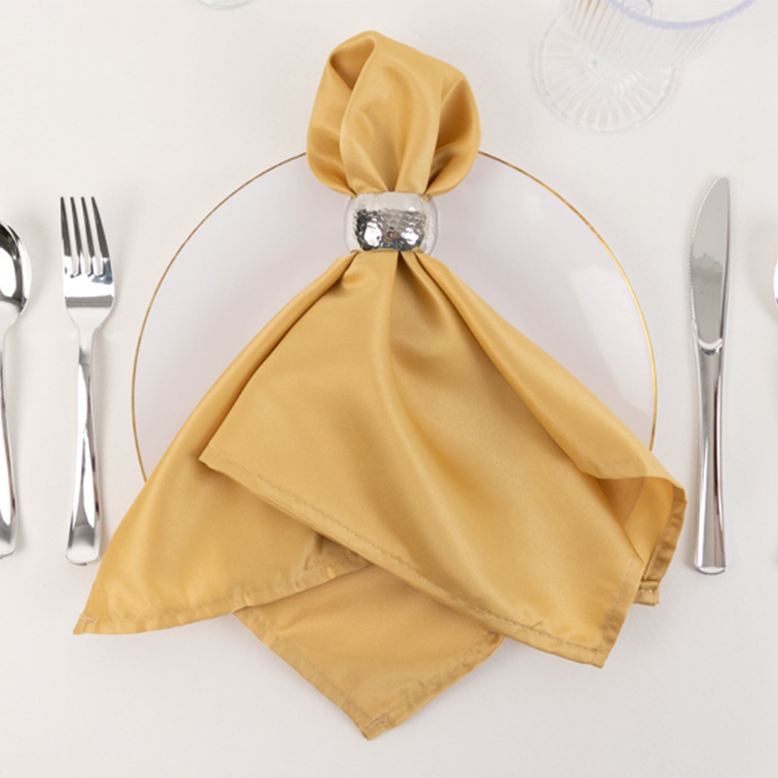 Champagne satin napkins, 20"x20", set of 5, elegantly styled.