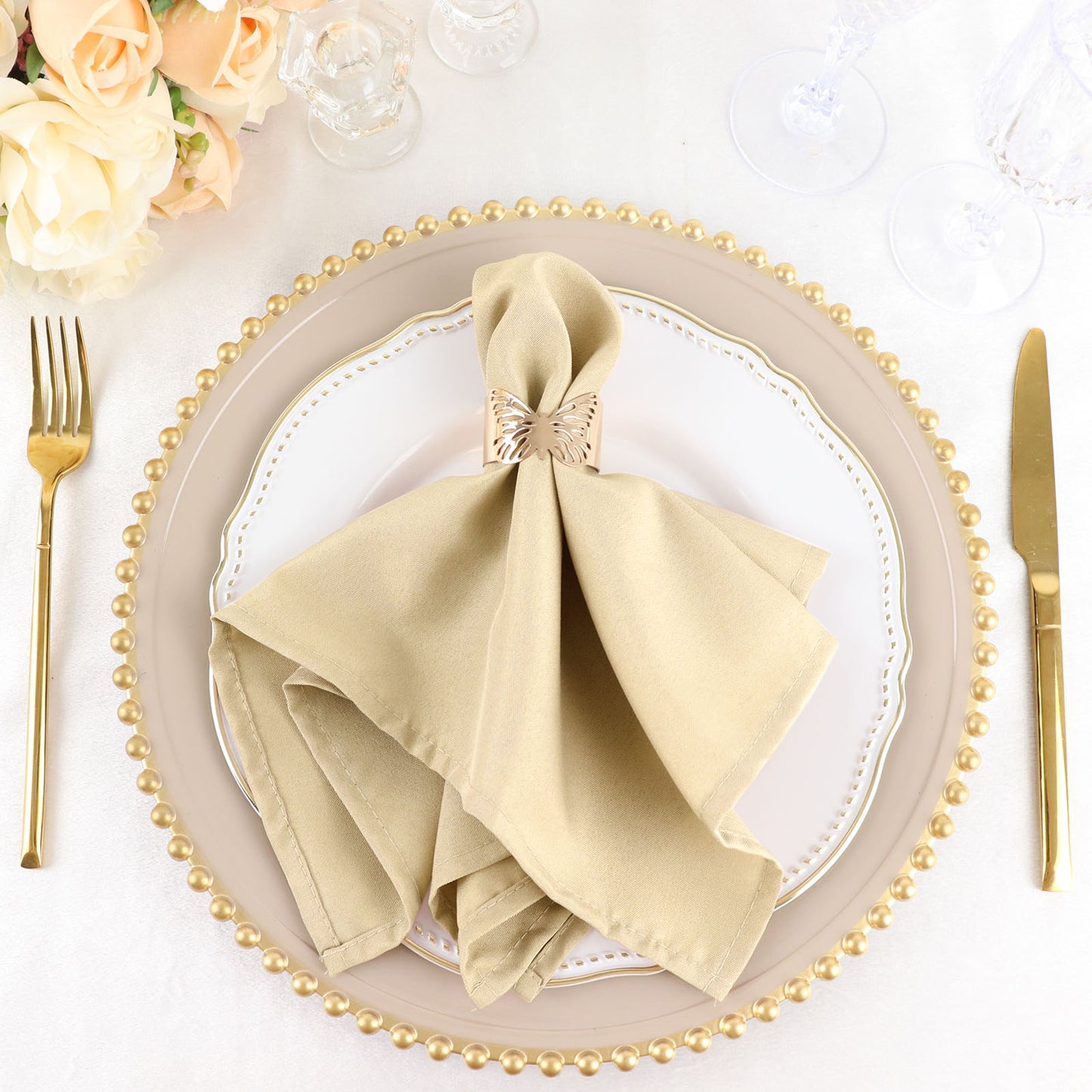 5 Pack | Beige Seamless Cloth Dinner Napkins, Wrinkle Resistant Linen | 17"x17"