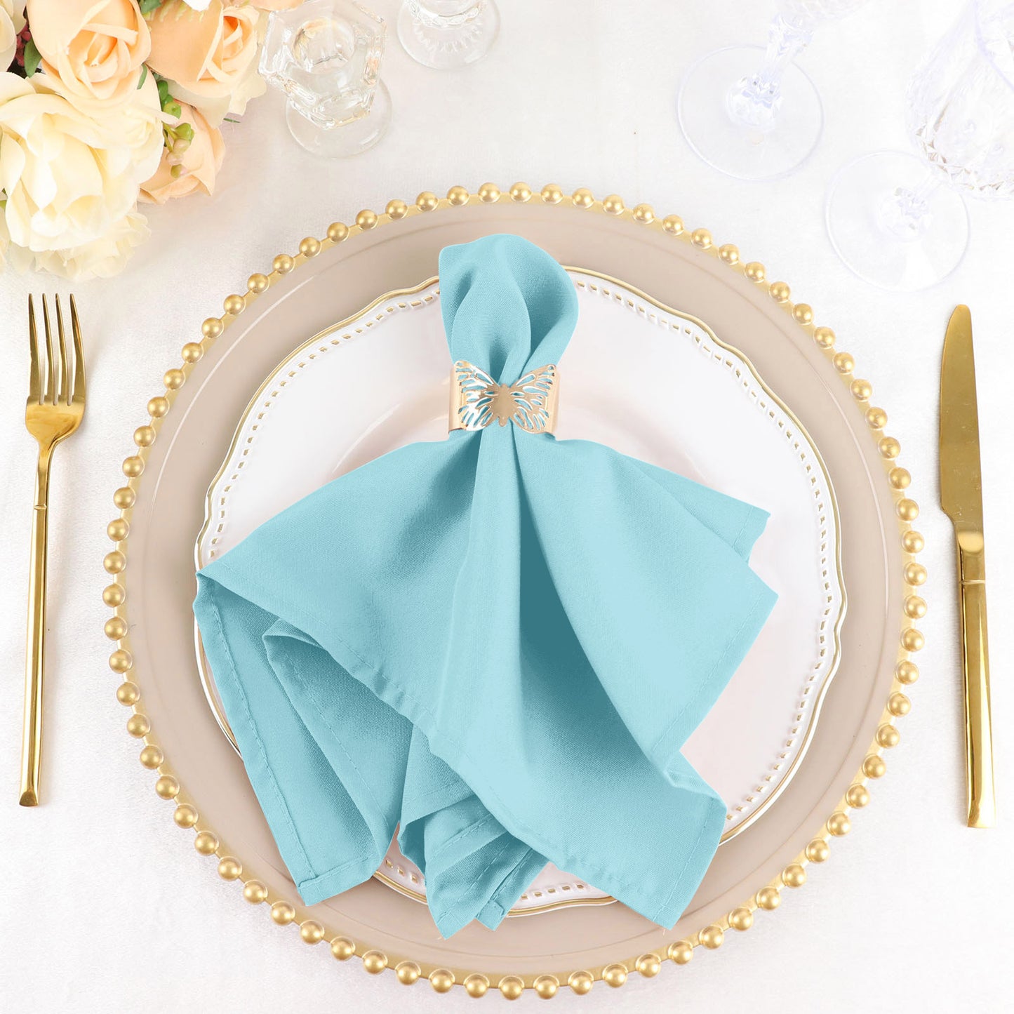 5 Pack | Blue Seamless Cloth Dinner Napkins, Wrinkle Resistant Linen | 17inchx17inch