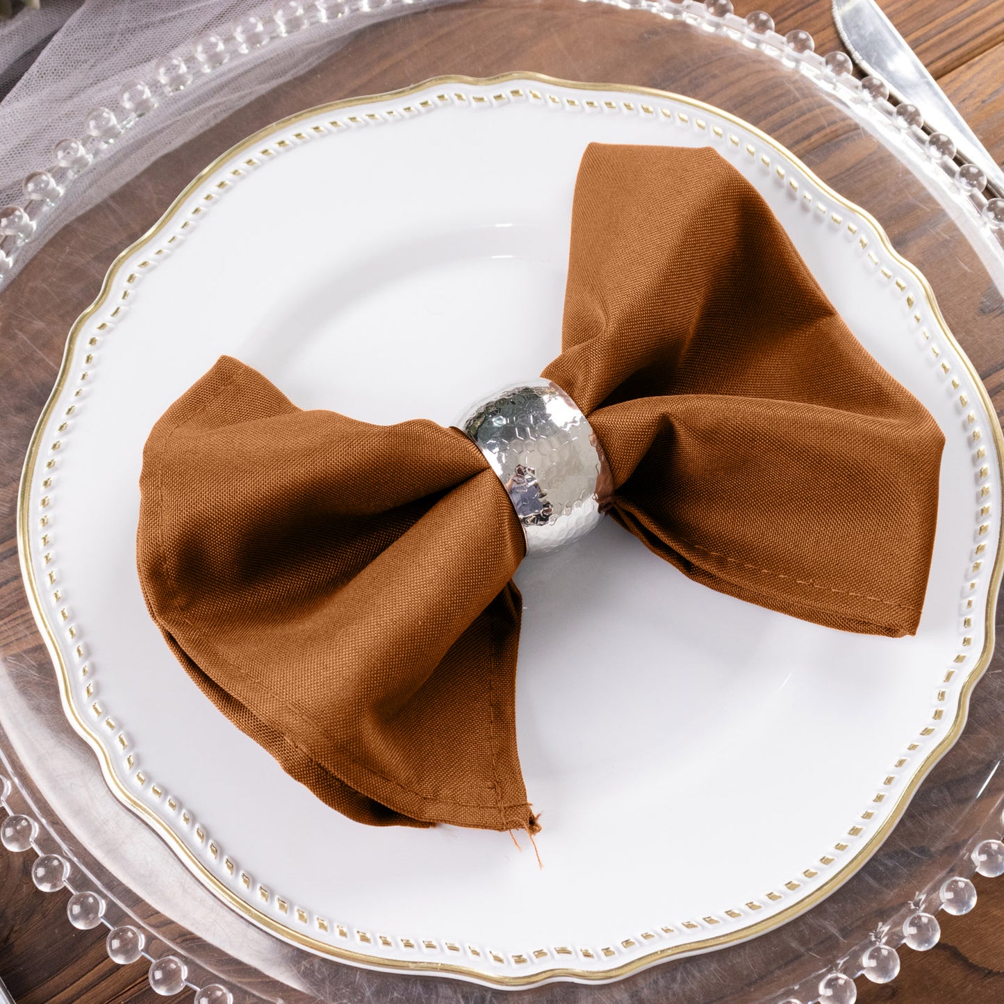 Cinnamon Brown Cloth Napkins with Hemmed Edges, Reusable Polyester Dinner Linen Napkins - 17"x17"