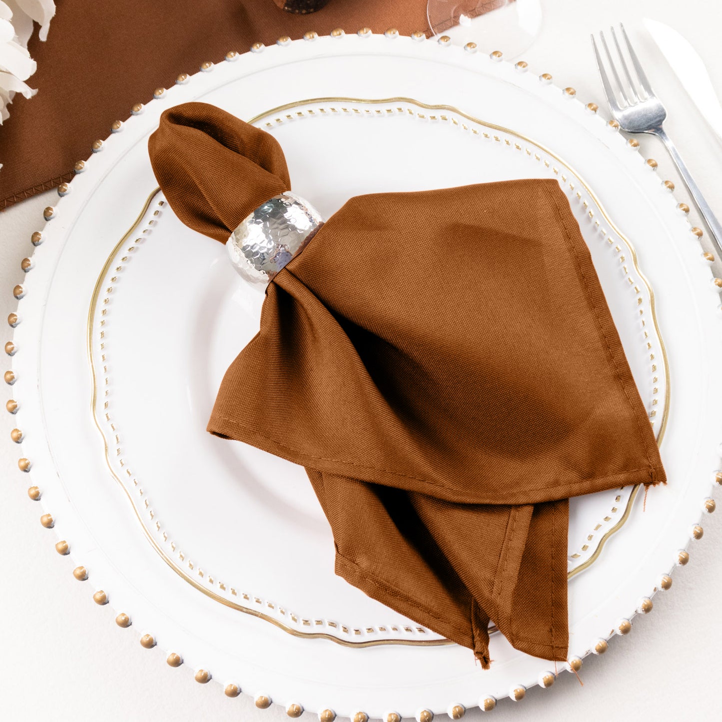 Cinnamon Brown Cloth Napkins with Hemmed Edges, Reusable Polyester Dinner Linen Napkins - 17"x17"