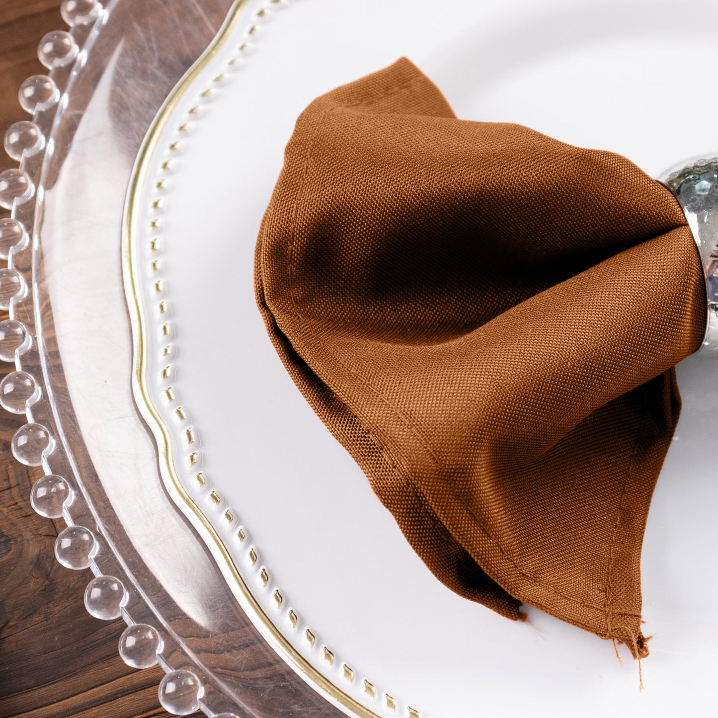 Cinnamon Brown Cloth Napkins with Hemmed Edges, Reusable Polyester Dinner Linen Napkins - 17"x17"