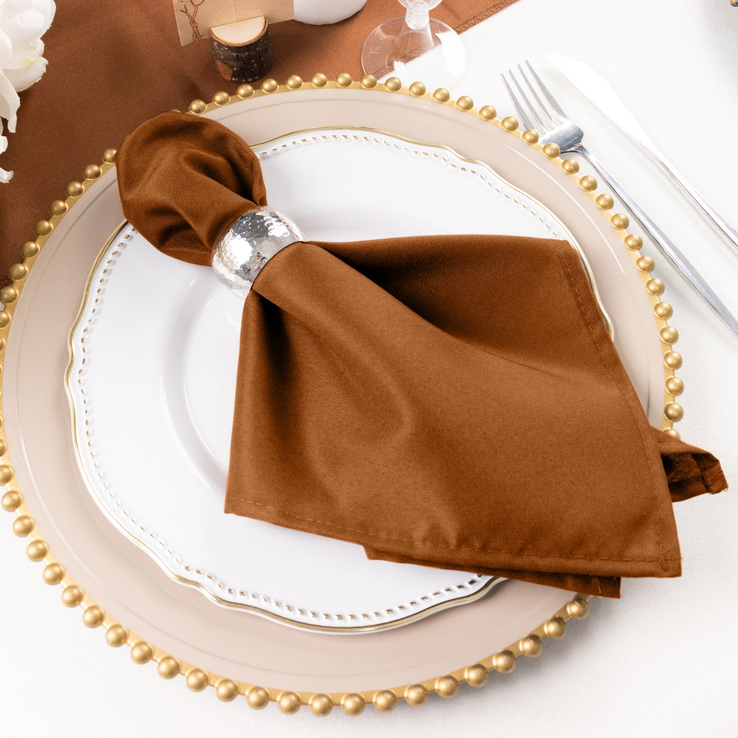 Cinnamon Brown Cloth Napkins with Hemmed Edges, Reusable Polyester Dinner Linen Napkins - 17"x17"