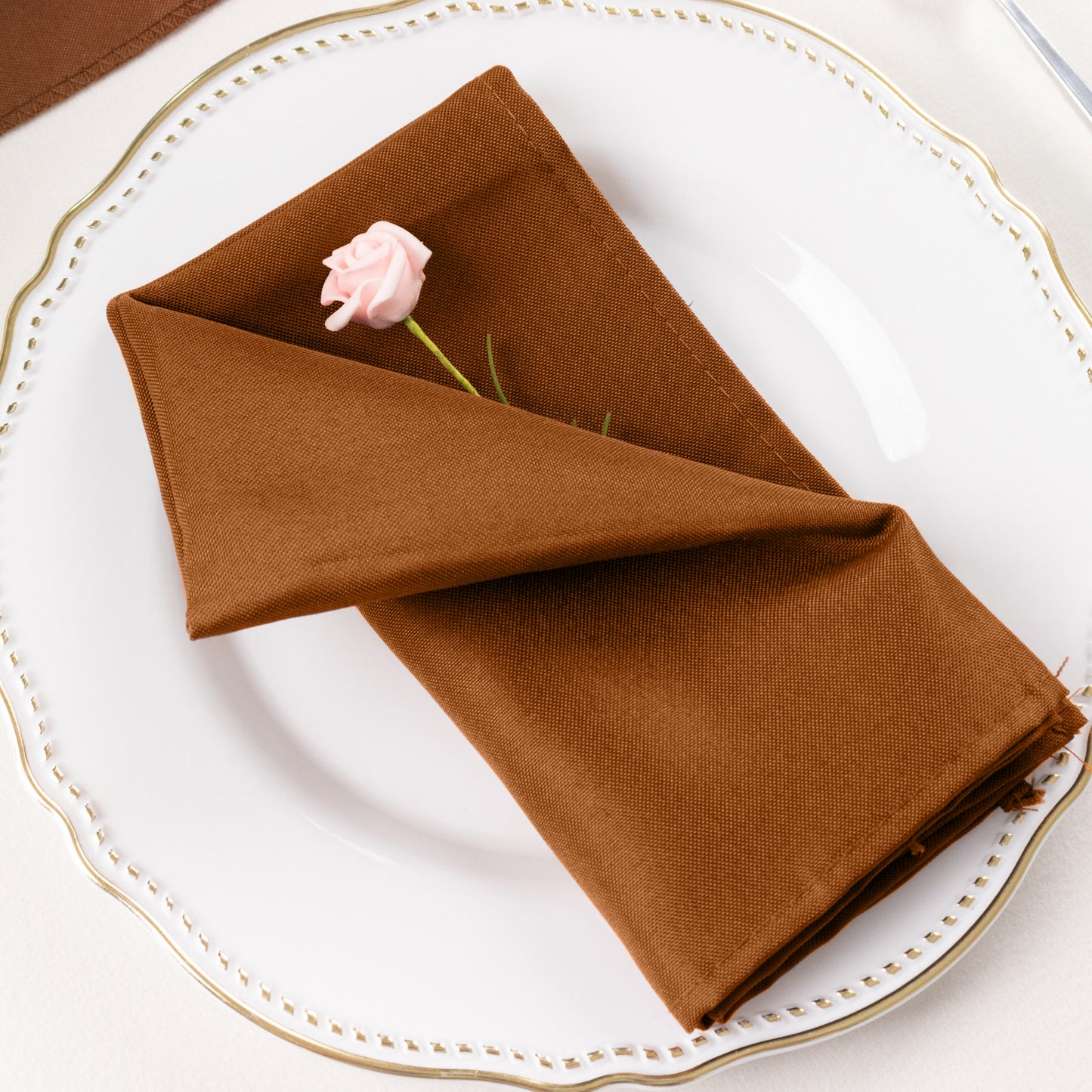 Cinnamon Brown Cloth Napkins with Hemmed Edges, Reusable Polyester Dinner Linen Napkins - 17"x17"