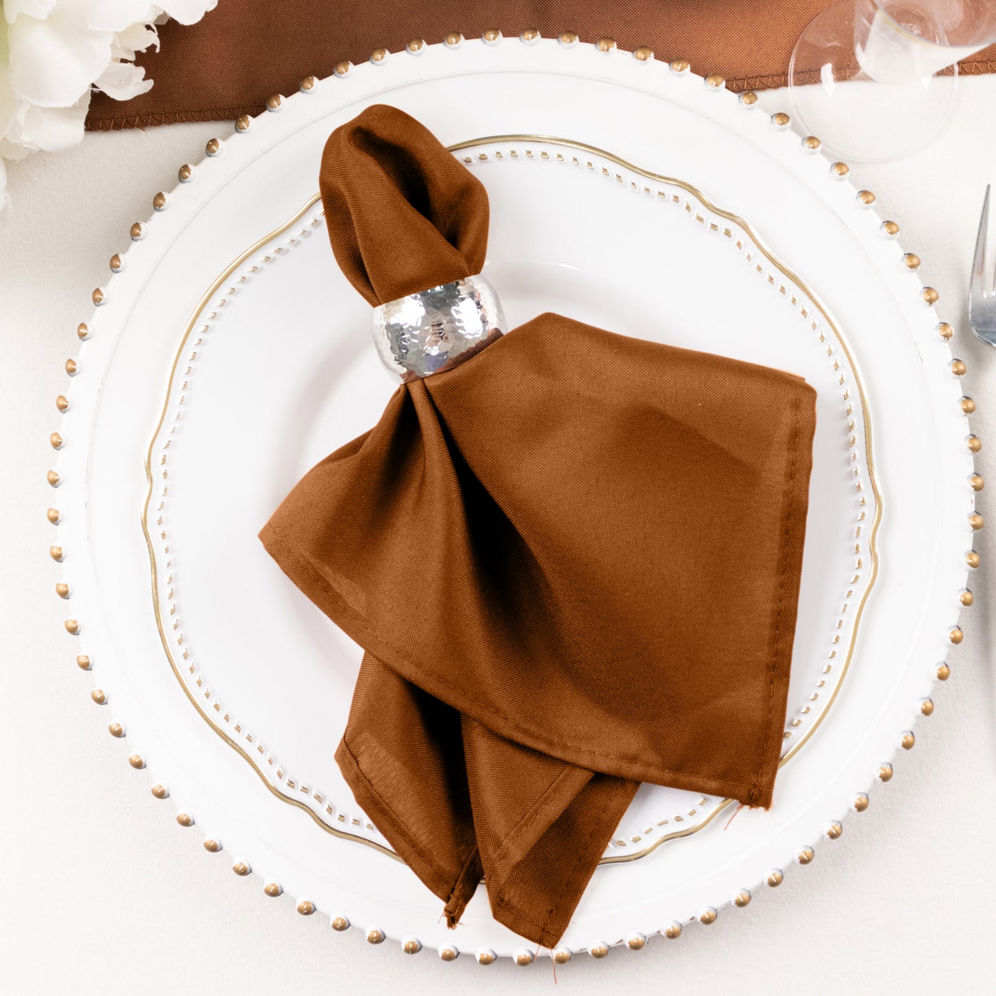 Cinnamon Brown Cloth Napkins with Hemmed Edges, Reusable Polyester Dinner Linen Napkins - 17"x17"