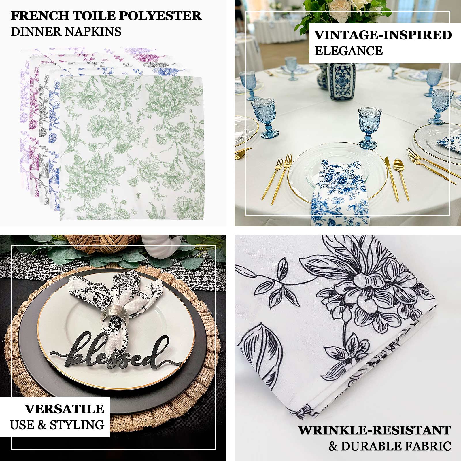 5-Pack French Toile Polyester Cloth Napkins – 17"x17" Reusable Table Napkins in Floral Design