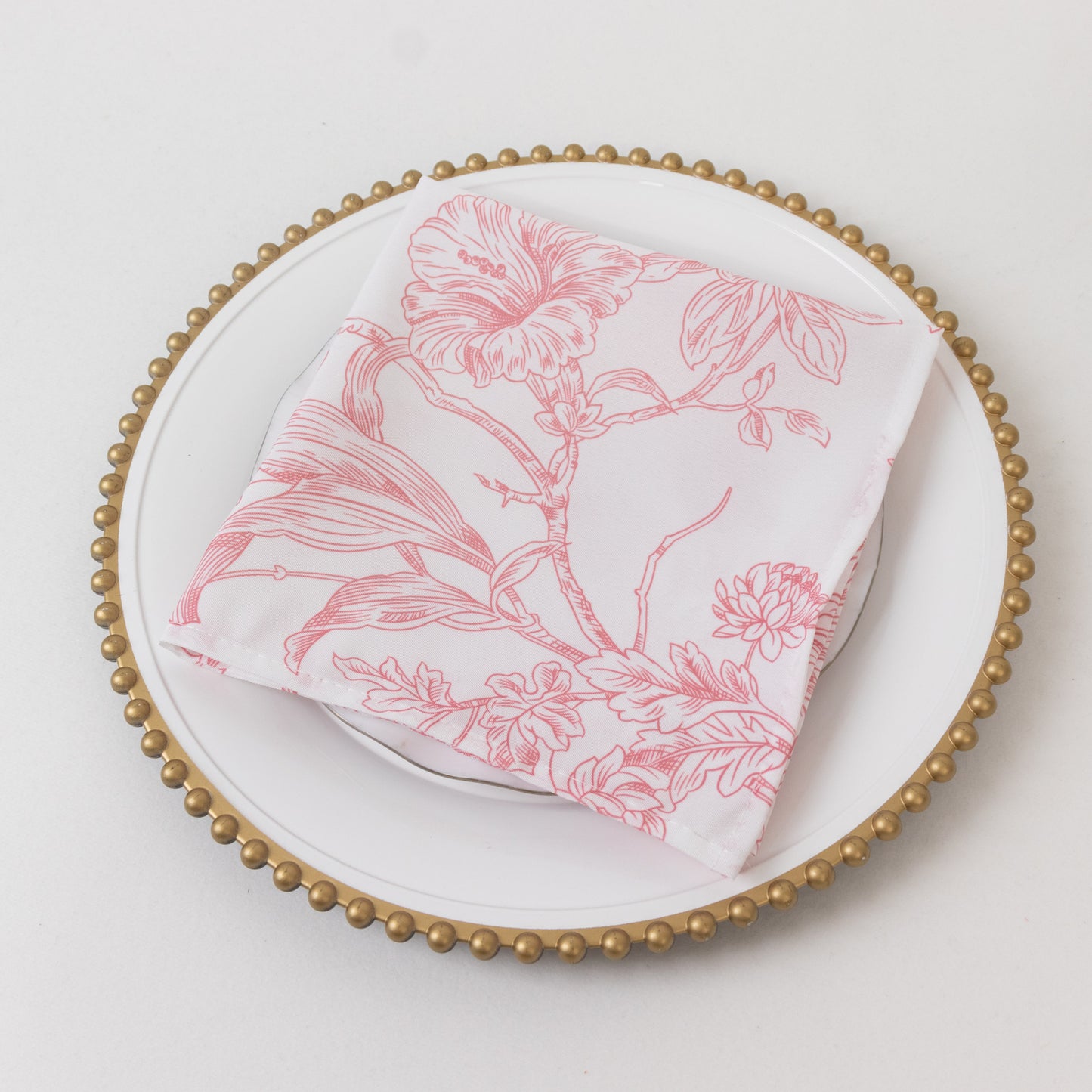 5-Pack French Toile Polyester Cloth Napkins – 17"x17" Pink and White Reusable Table Napkins in Floral Design for Events & Dining