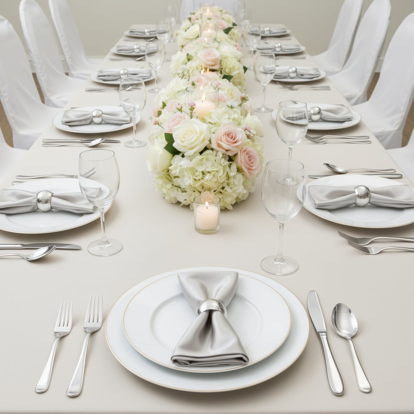 Shimmer silver cloth napkins on an elegantly set dining table.