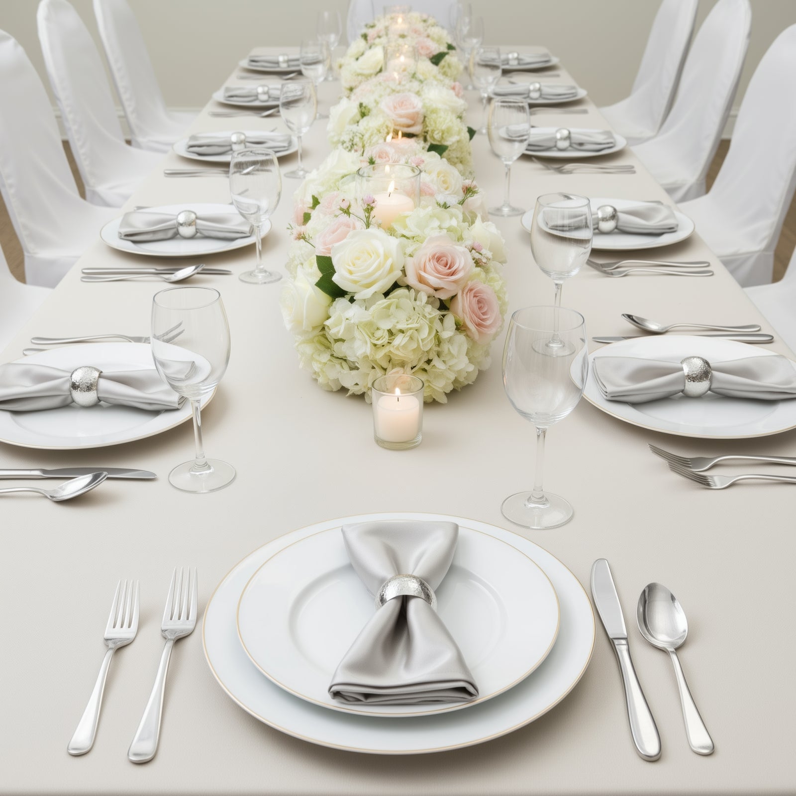 Shimmer silver cloth napkins on an elegantly set dining table.