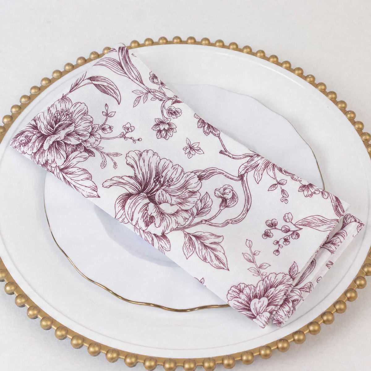 5 Pack Polyester 20"x20" Dinner Napkins White with Burgundy French Toile Pattern - Reusable Floral C
