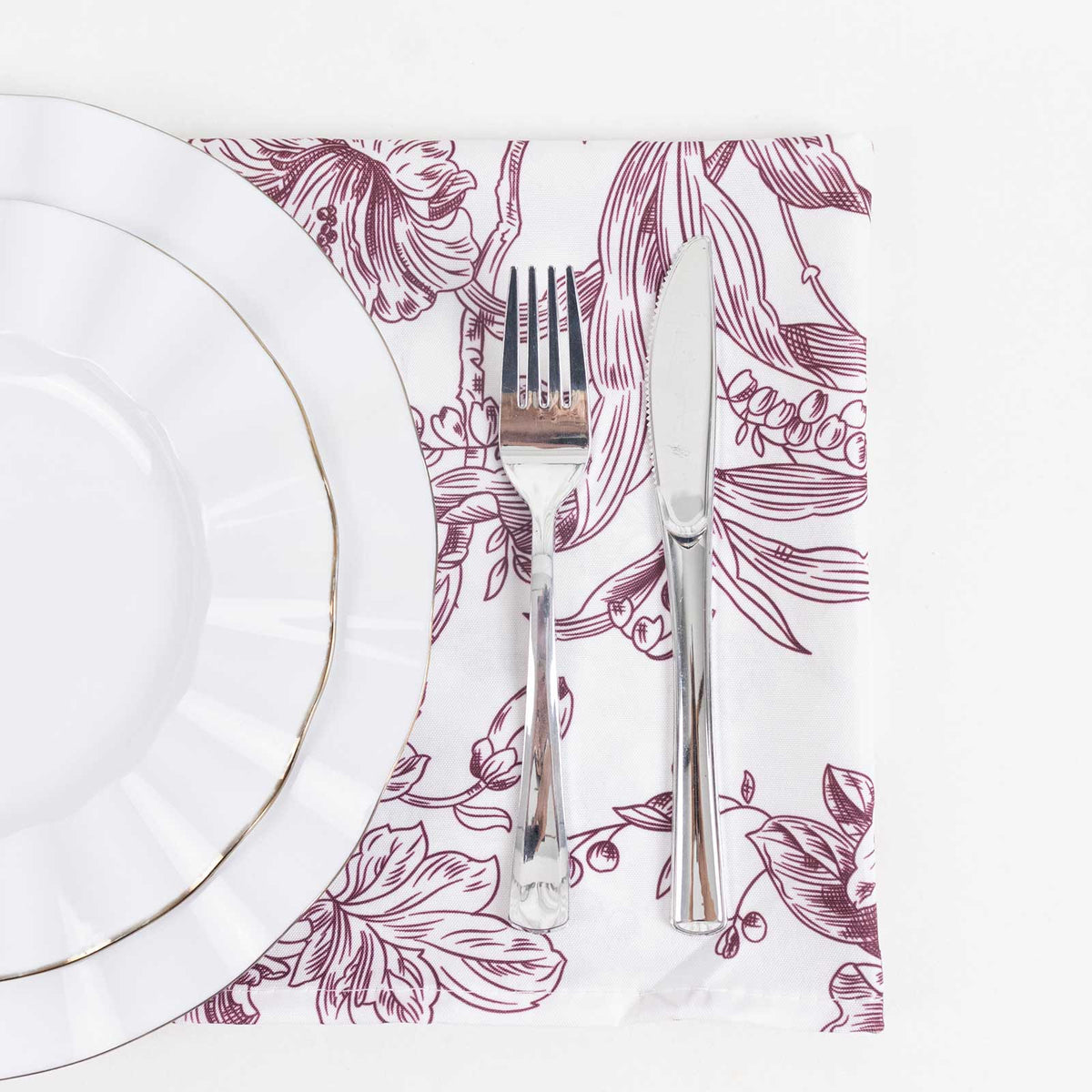 5 Pack Polyester 20"x20" Dinner Napkins White with Burgundy French Toile Pattern - Reusable Floral C