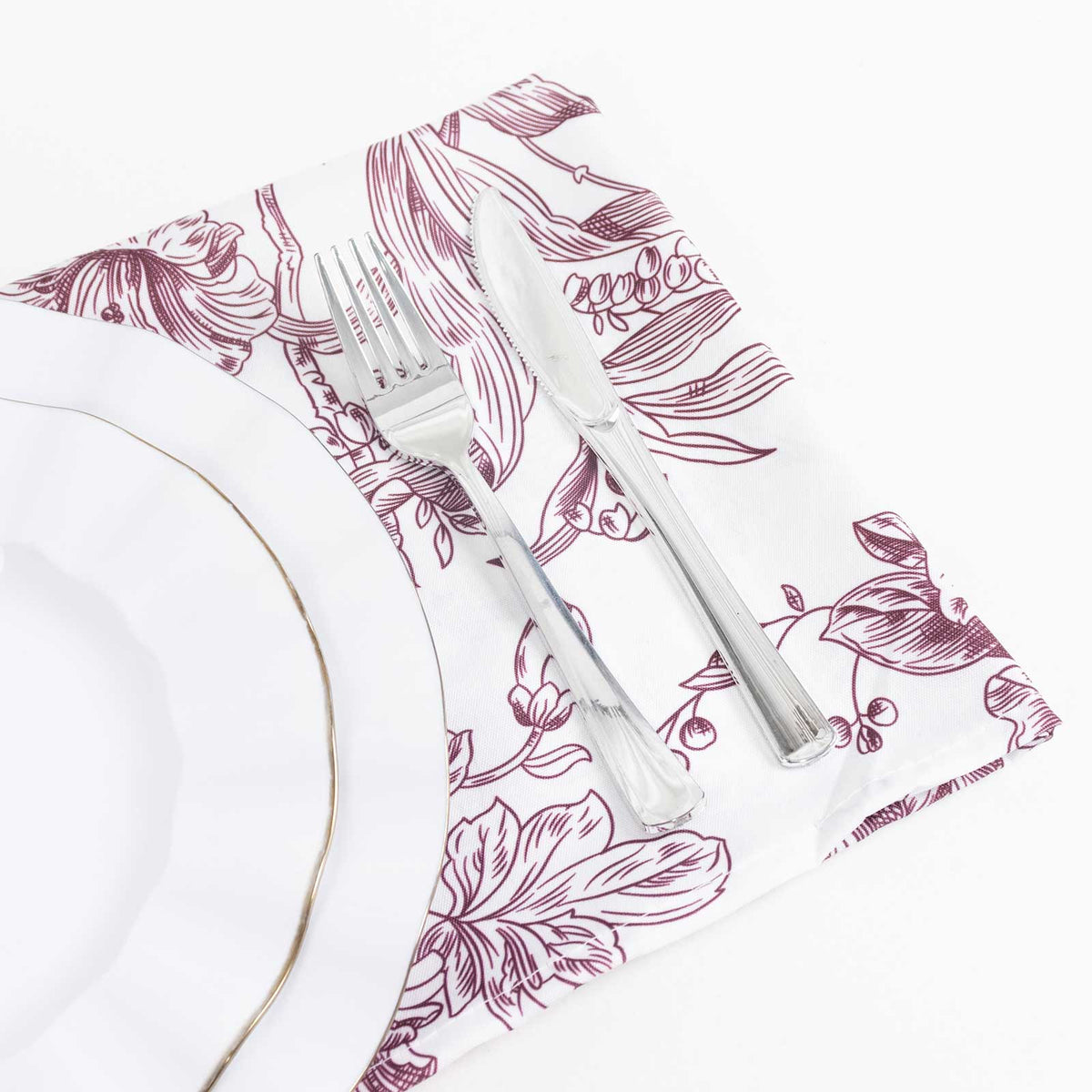 5 Pack Polyester 20"x20" Dinner Napkins White with Burgundy French Toile Pattern - Reusable Floral C