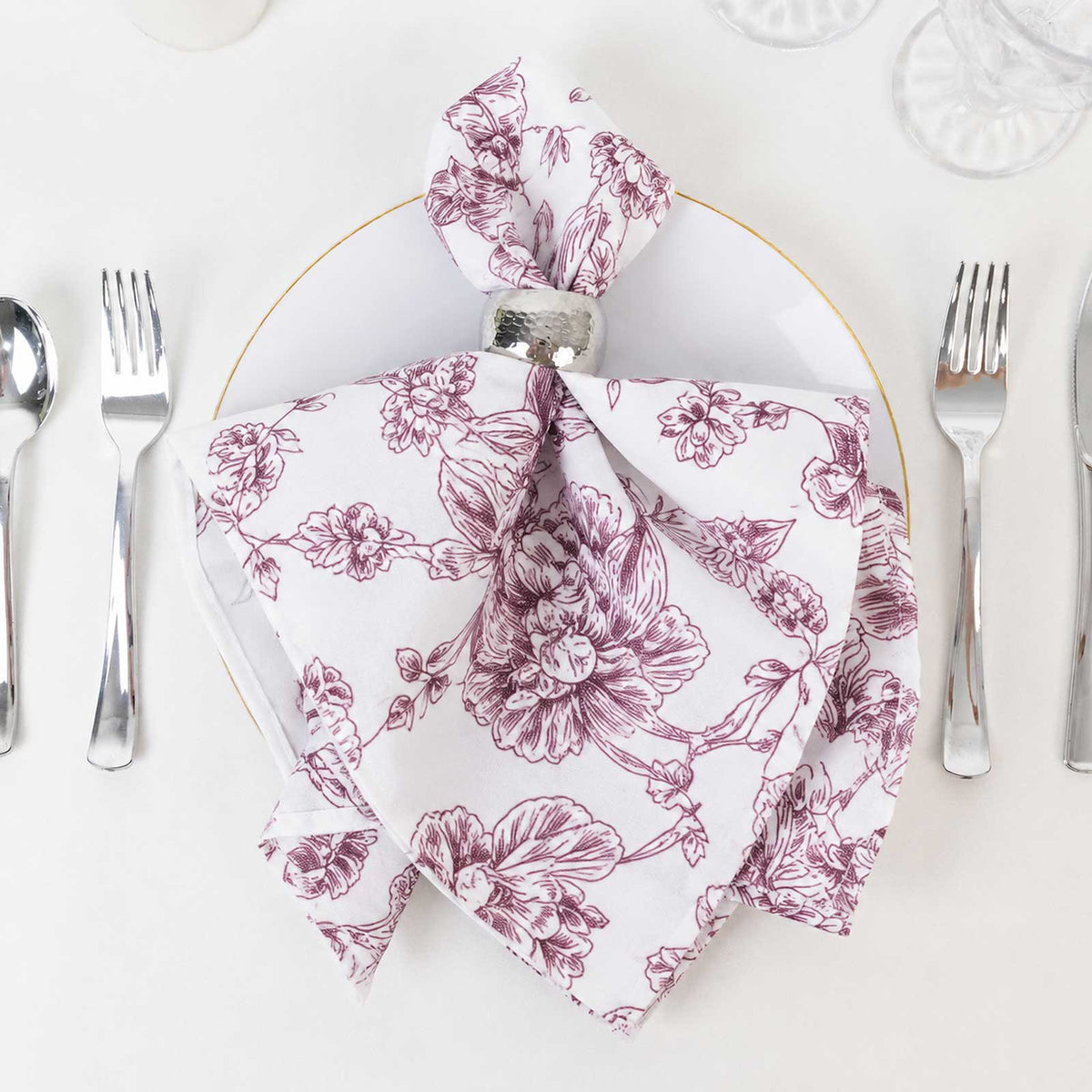 5 Pack Polyester 20"x20" Dinner Napkins White with Burgundy French Toile Pattern - Reusable Floral C