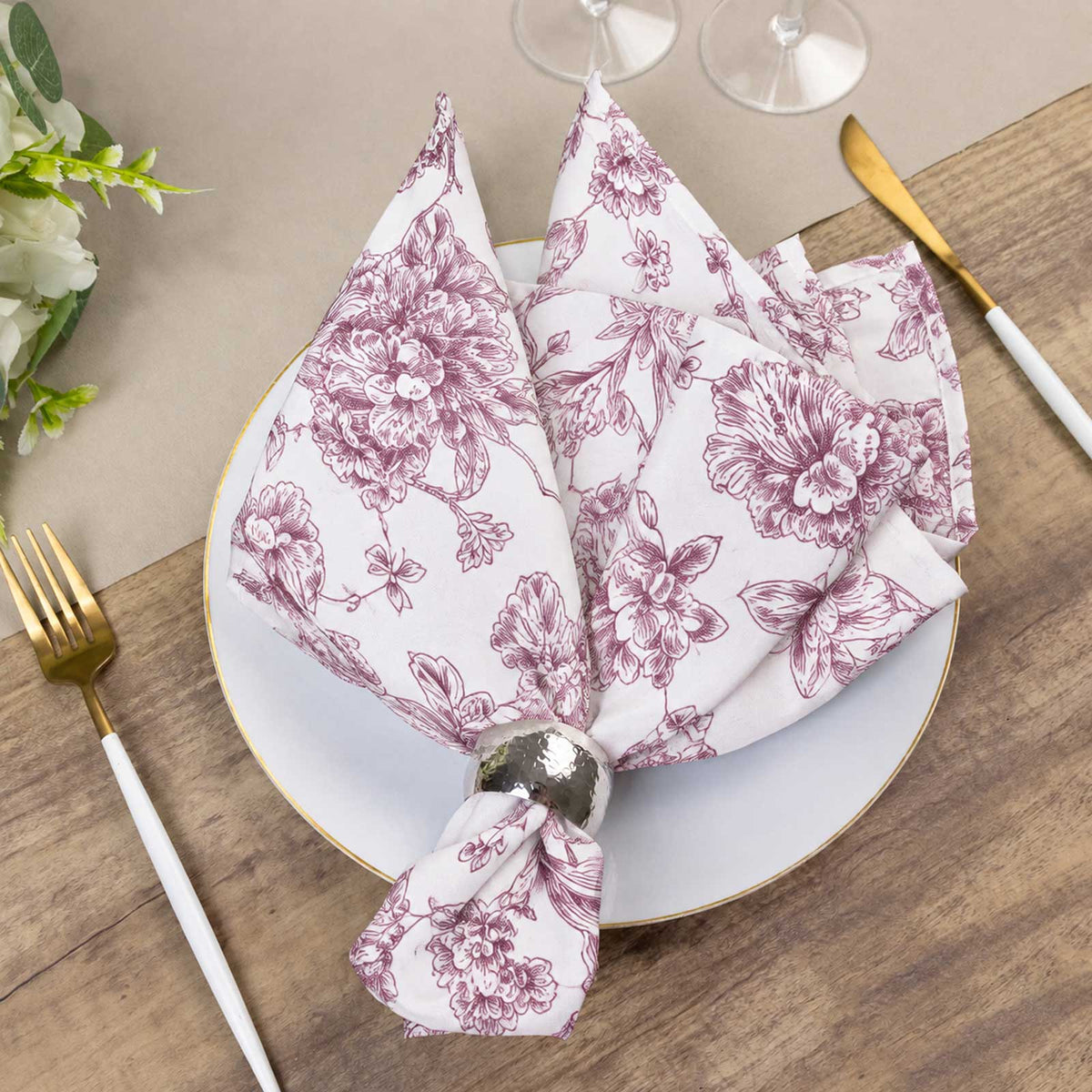 5 Pack Polyester 20"x20" Dinner Napkins White with Burgundy French Toile Pattern - Reusable Floral C