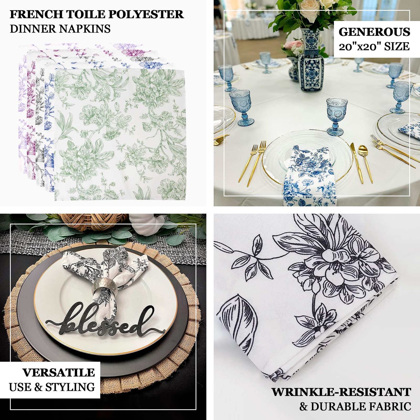 5 Pack Polyester 20"x20" Dinner Napkins French Toile Pattern - Reusable Floral Cloth Napkins