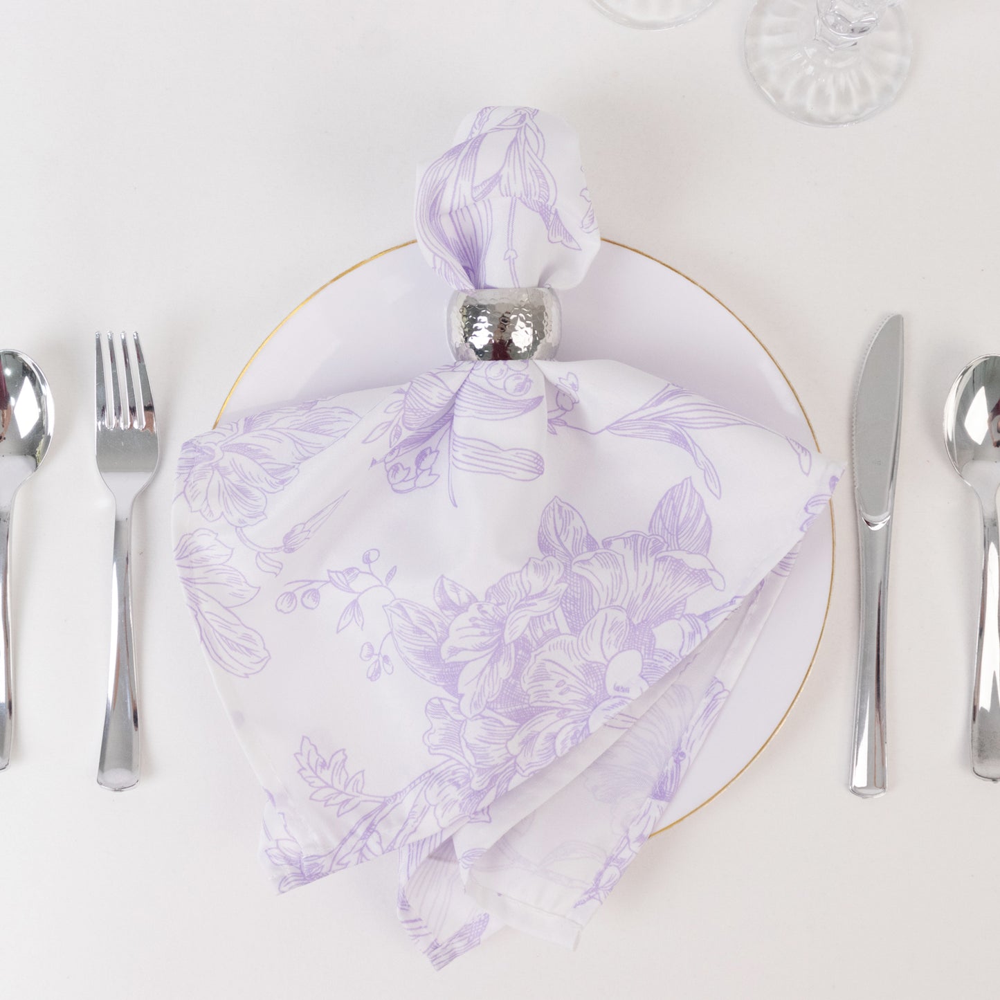 5 Pack Polyester 20"x20" Dinner Napkins White with Lavender Lilac French Toile Pattern - Reusable Floral Cloth Napkins