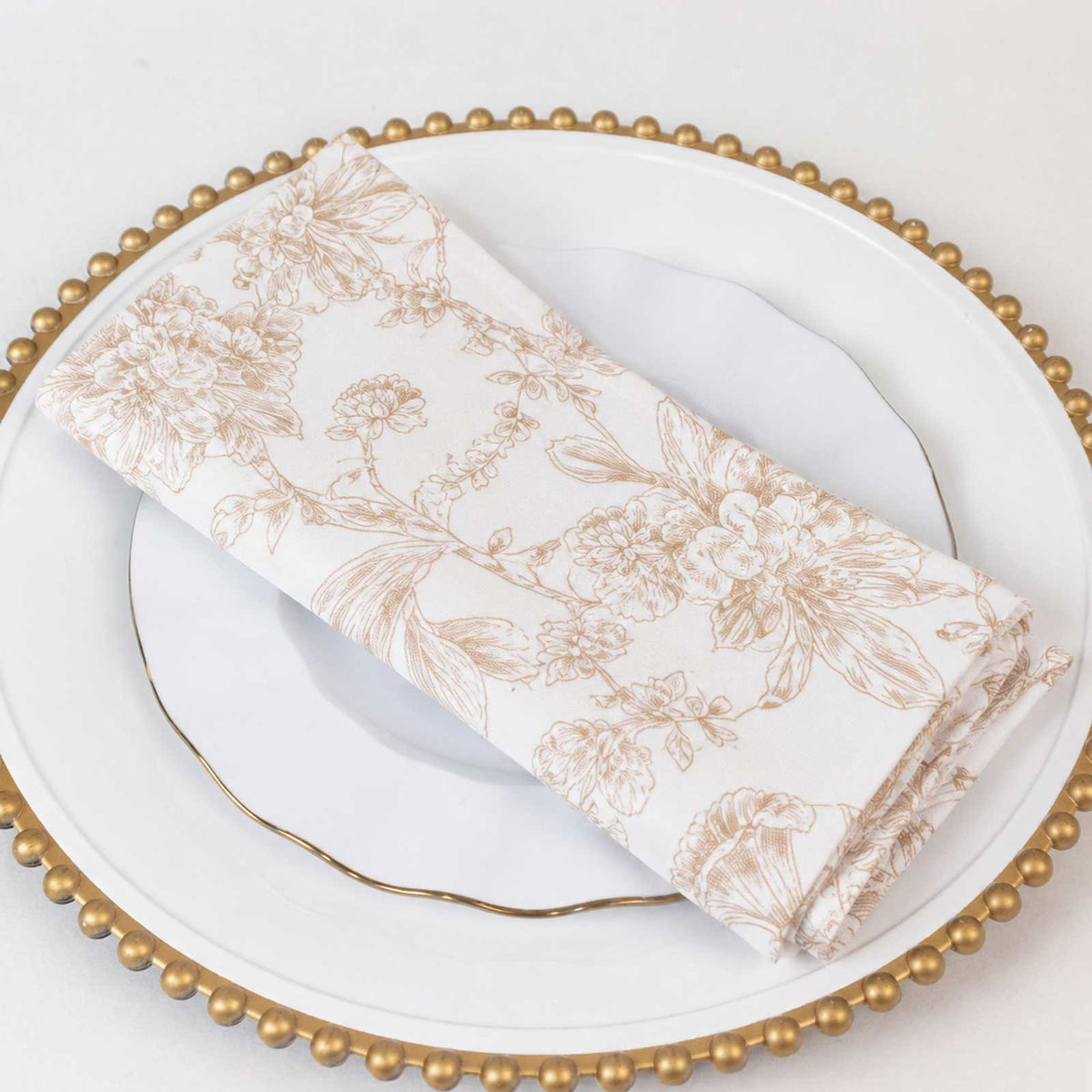 5 Pack Polyester 20"x20" Dinner Napkins White with Taupe French Toile Pattern - Reusable Floral Clot