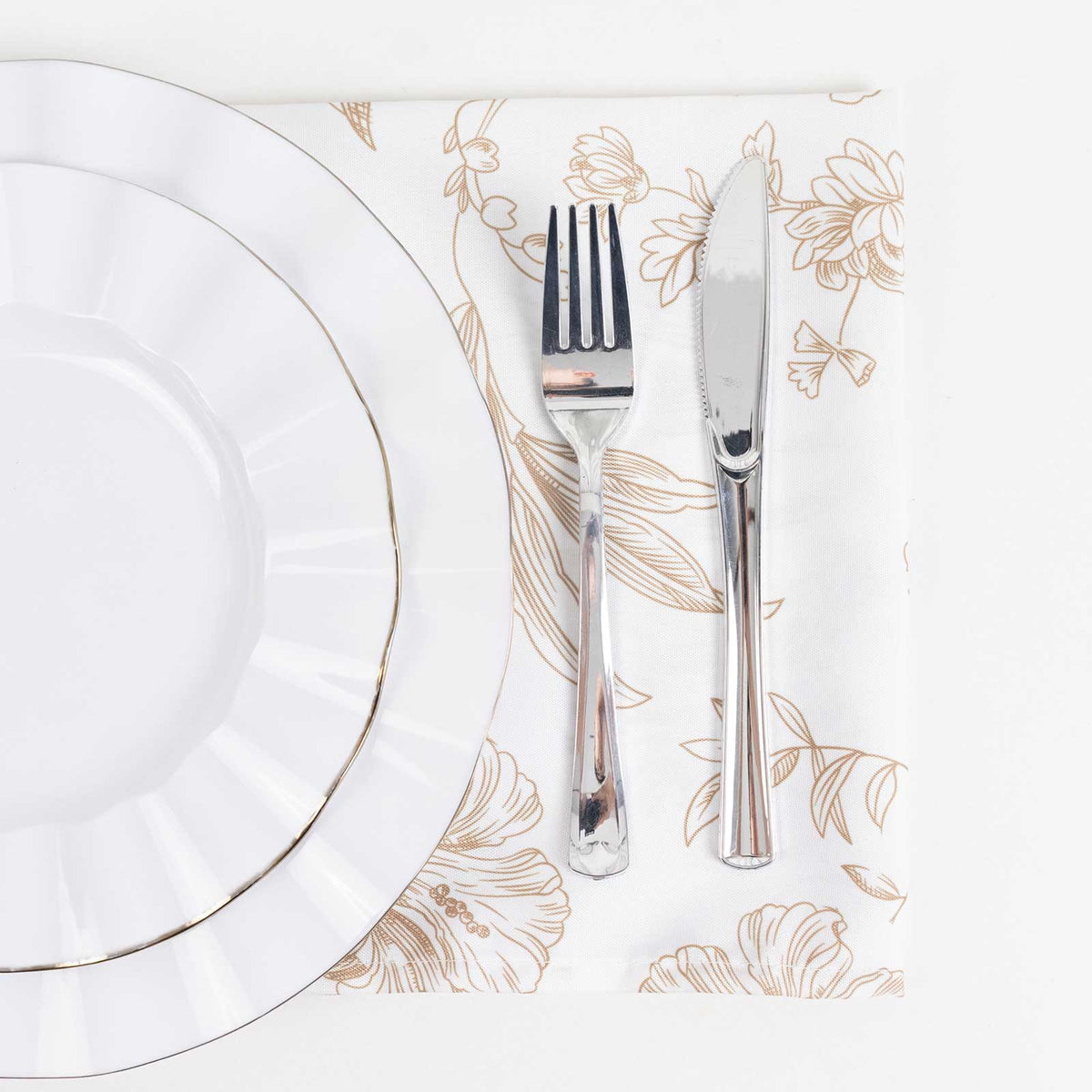5 Pack Polyester 20"x20" Dinner Napkins White with Taupe French Toile Pattern - Reusable Floral Clot
