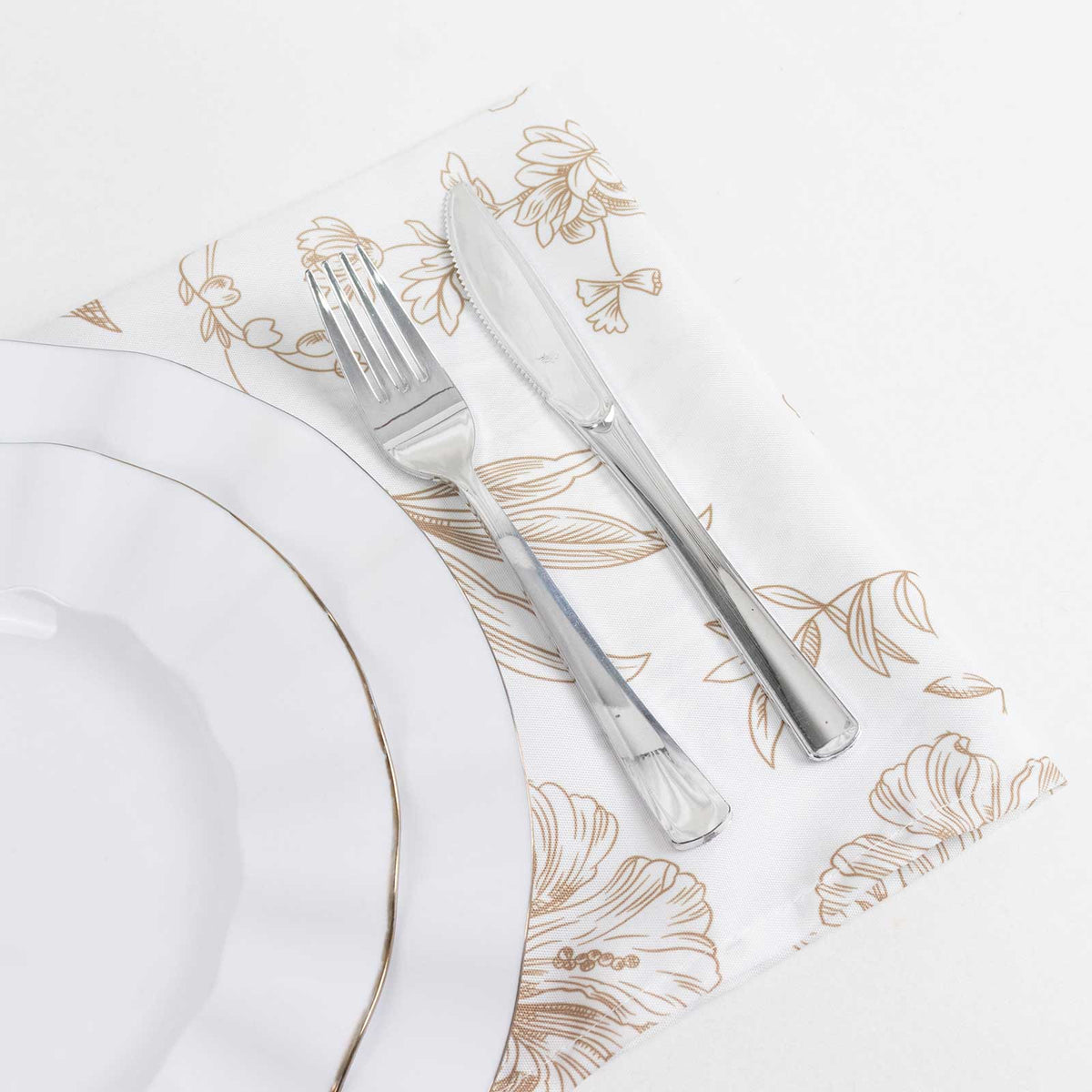 5 Pack Polyester 20"x20" Dinner Napkins White with Taupe French Toile Pattern - Reusable Floral Clot