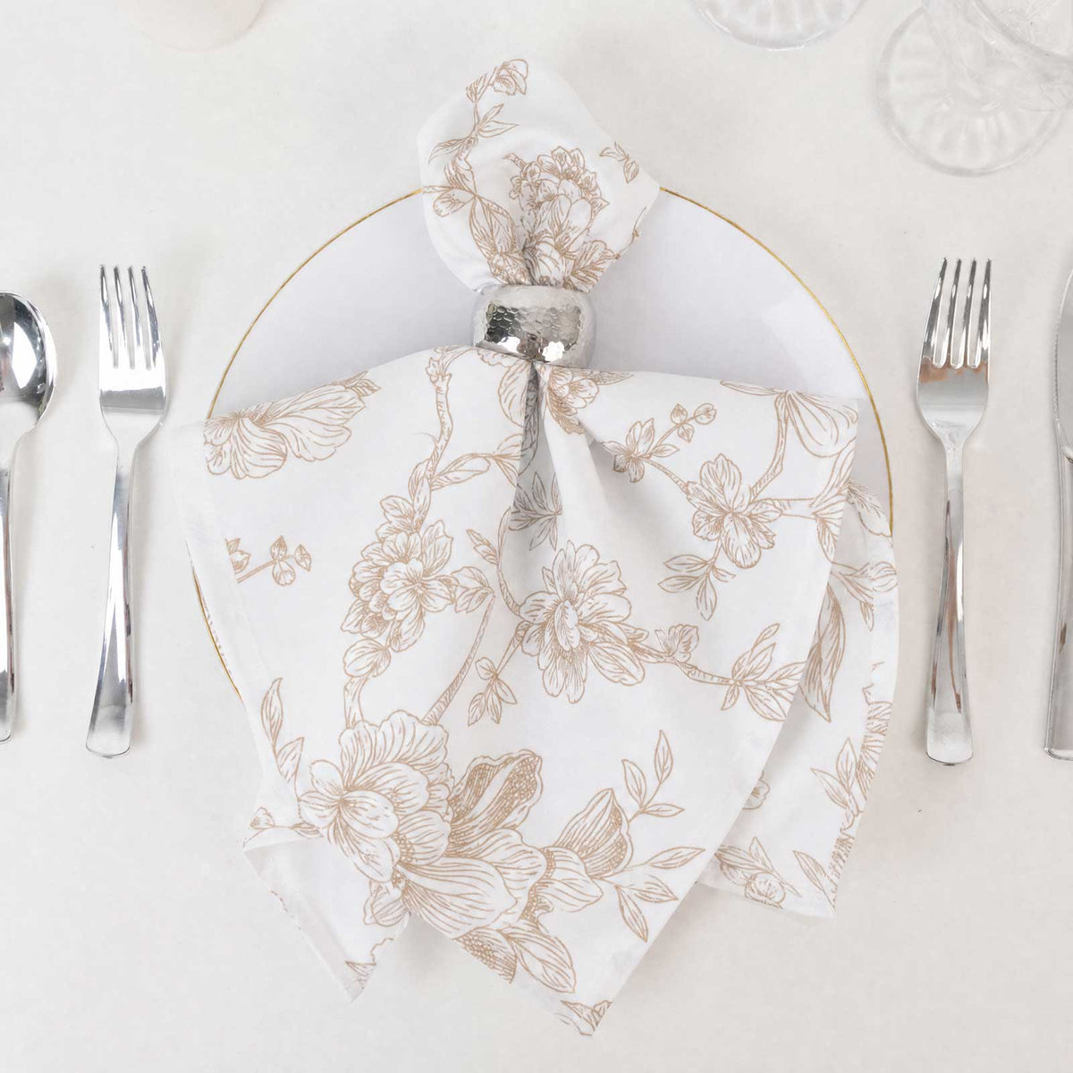 5 Pack Polyester 20"x20" Dinner Napkins White with Taupe French Toile Pattern - Reusable Floral Clot