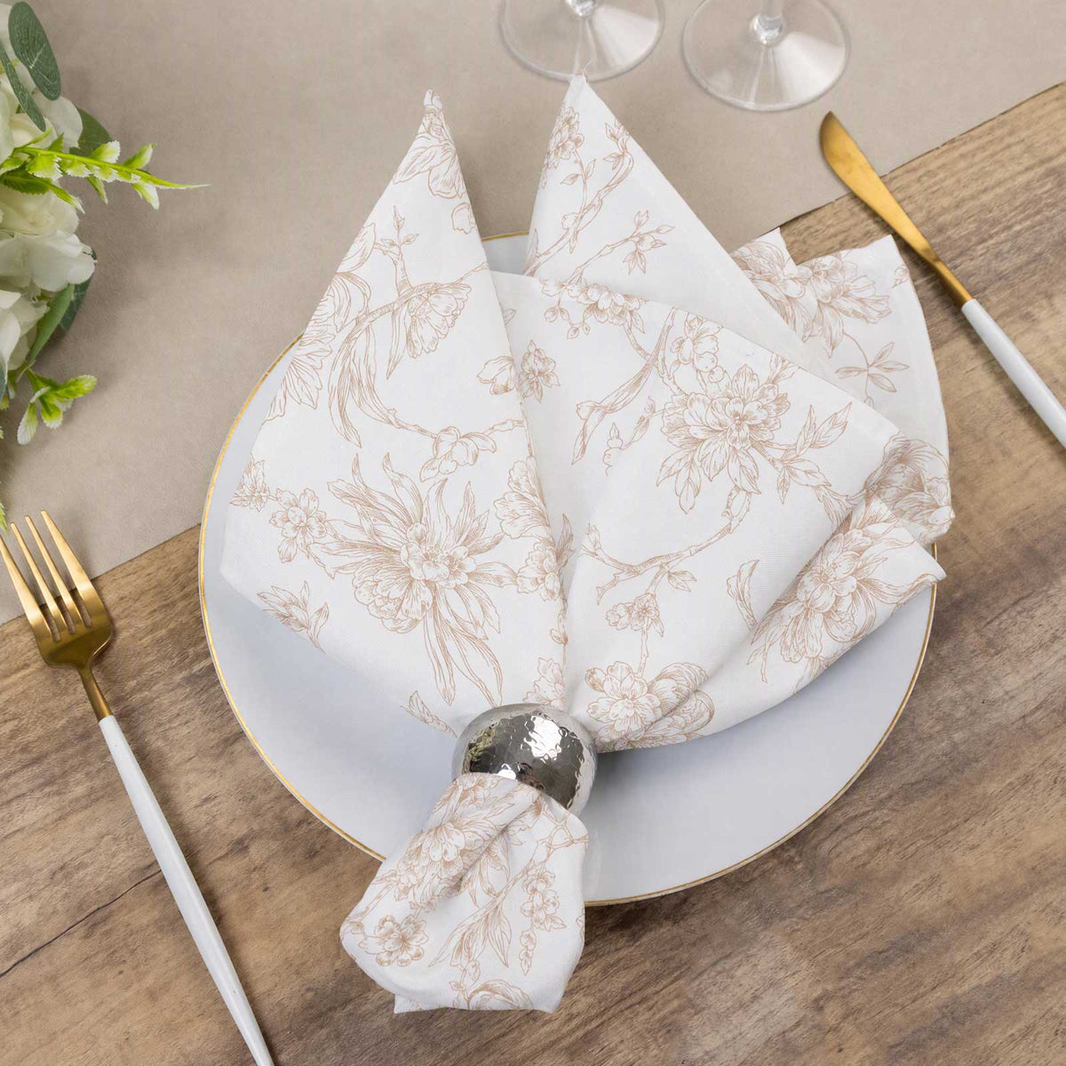 5 Pack Polyester 20"x20" Dinner Napkins White with Taupe French Toile Pattern - Reusable Floral Clot