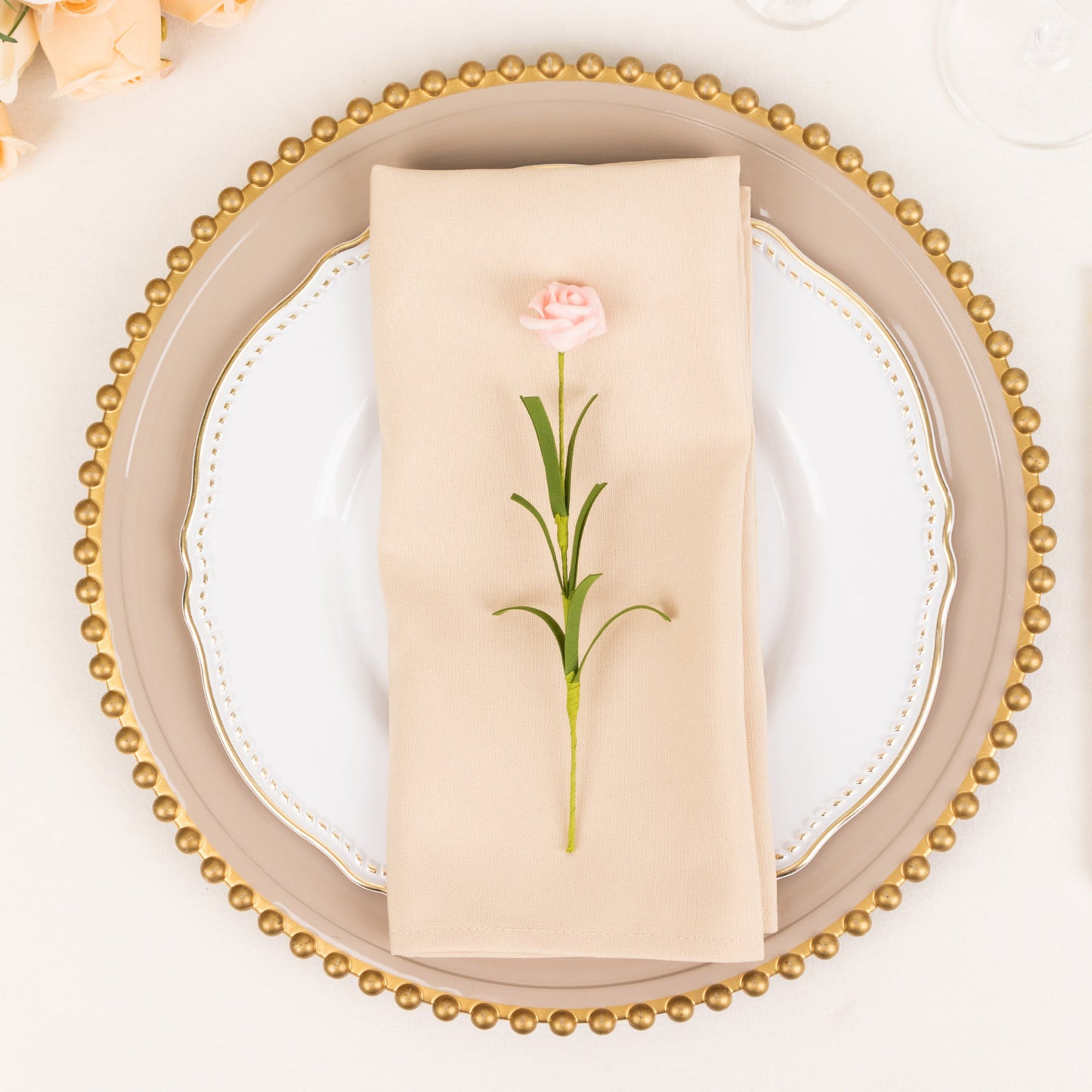 5 Pack Beige Premium Polyester Cloth Napkins with Hemmed Edges, Reusable Dinner Napkins 20"x20 - 220GSM