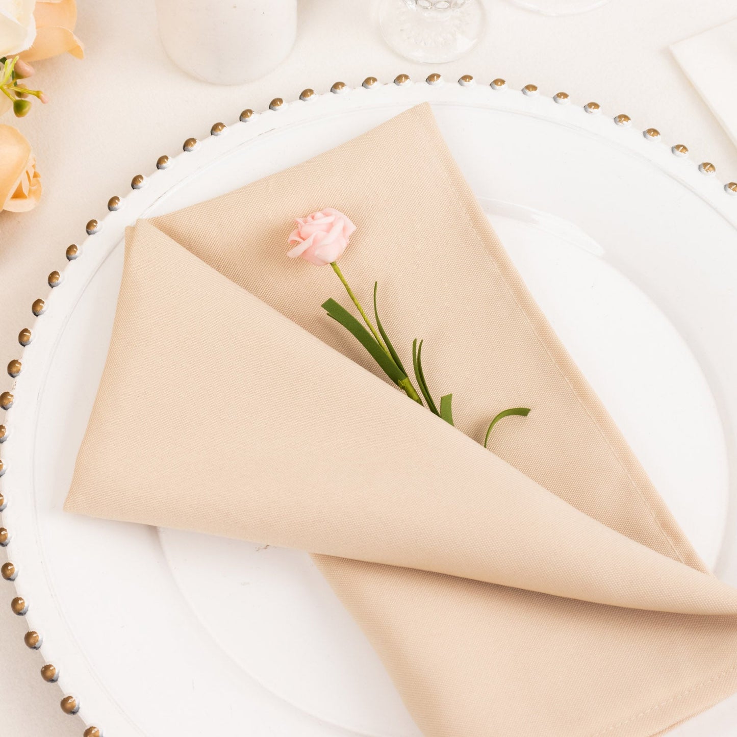 5 Pack Beige Premium Polyester Cloth Napkins with Hemmed Edges, Reusable Dinner Napkins 20"x20 - 220GSM