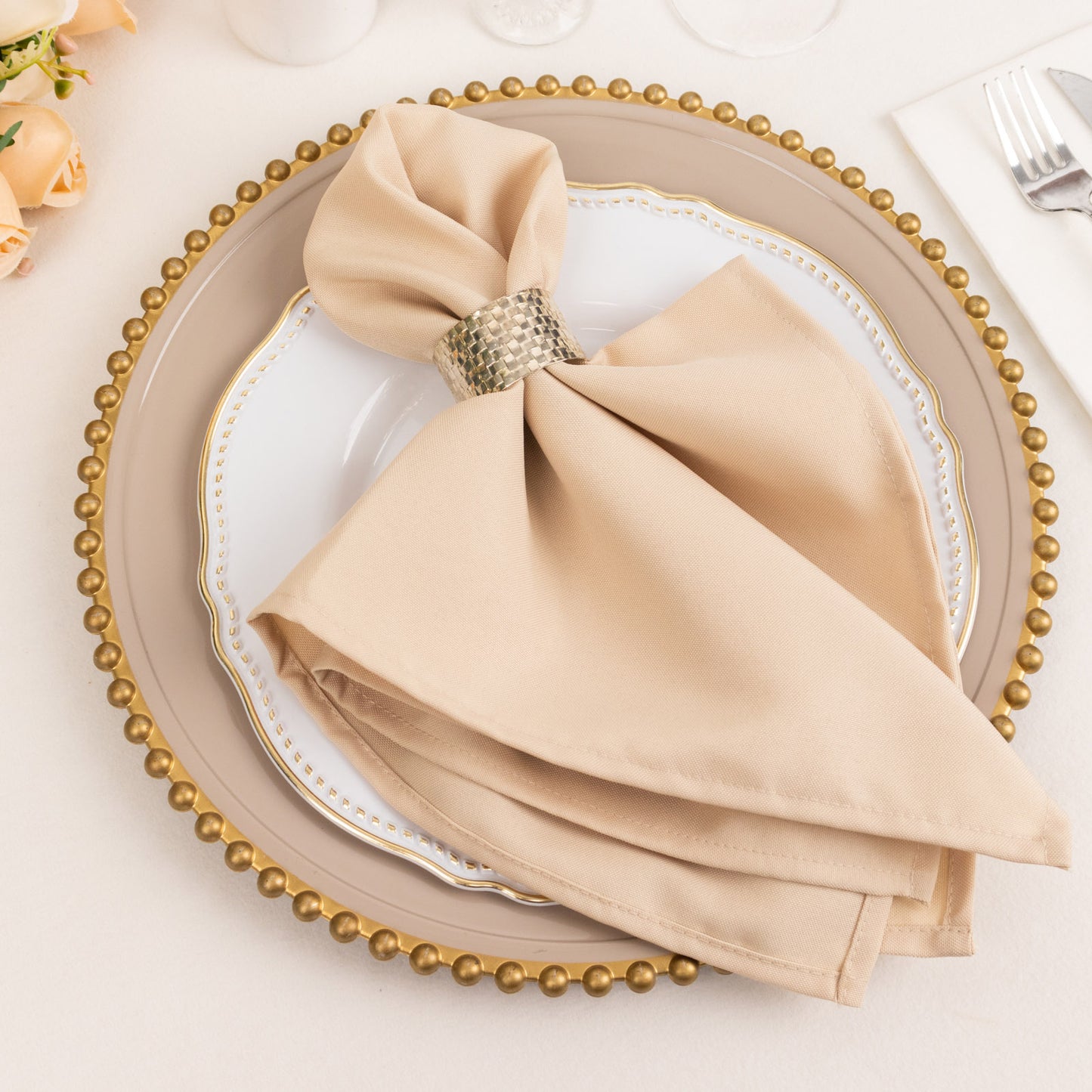 5 Pack Beige Premium Polyester Cloth Napkins with Hemmed Edges, Reusable Dinner Napkins 20"x20 - 220GSM