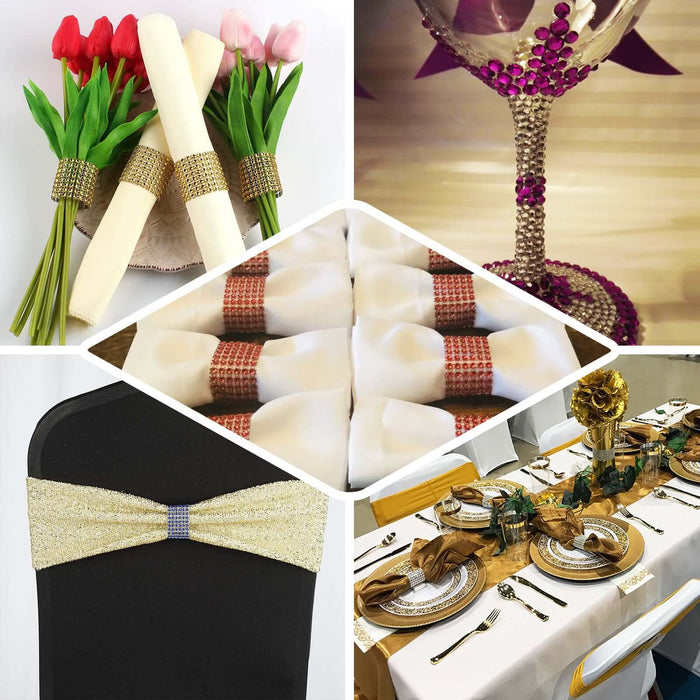 10 Pack | Antique Gold Diamond Rhinestone Napkin Rings, Chair Sash Velcro Brooch Buckle