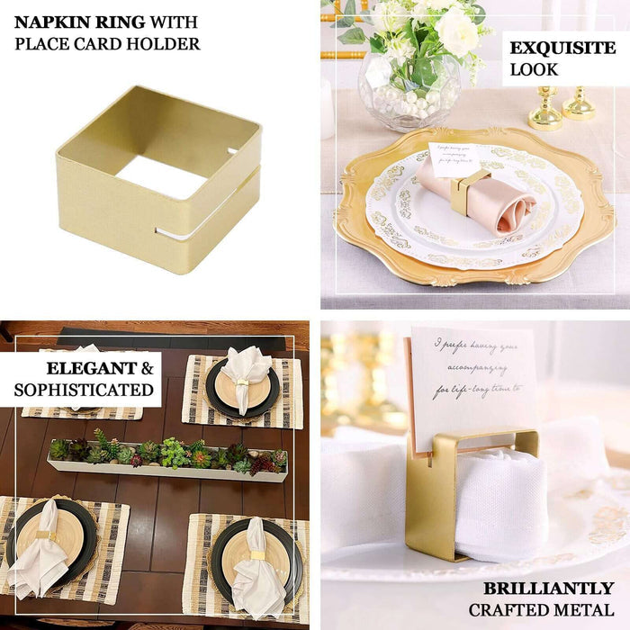 4 Pack | Matte Gold Metal Square Napkin Rings with Place Card Holder, Modern Design Multipurpose Napkins Rings