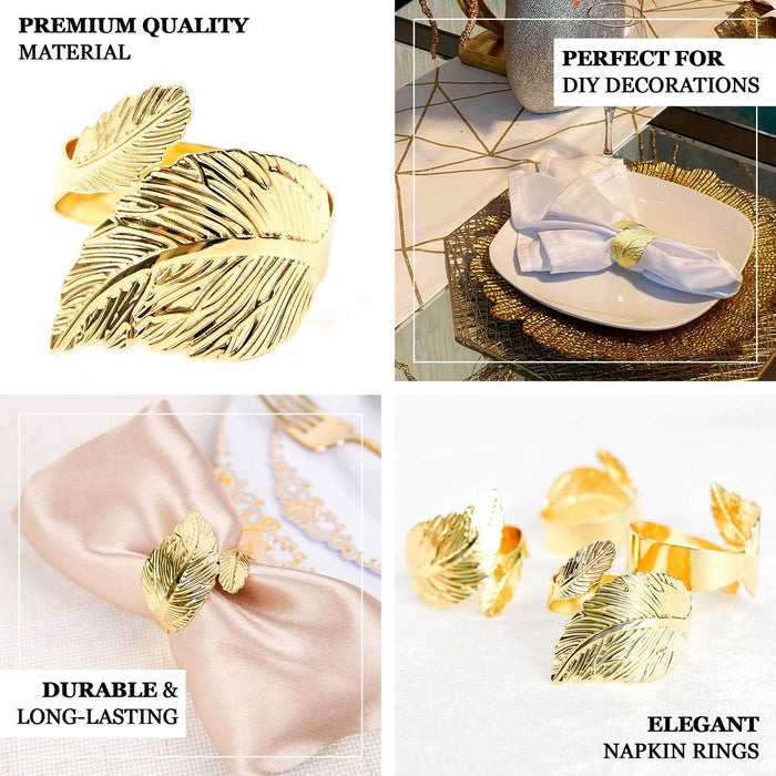 Metallic gold ornate leaf napkin rings for elegant table settings.