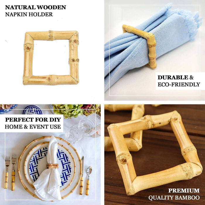 4 Pack | Natural Rustic Boho Chic Wooden Square Napkin Rings, Bamboo Napkin Holders