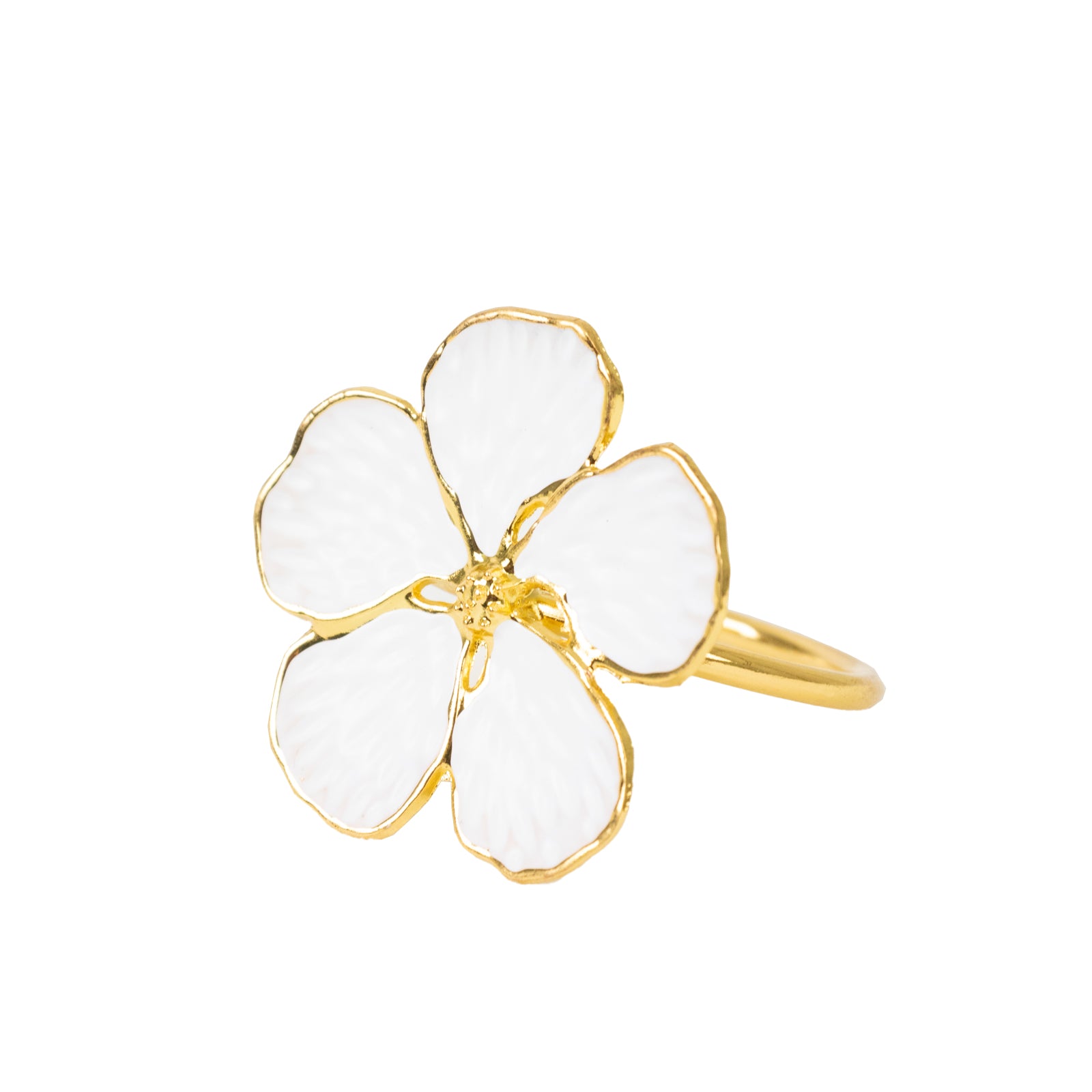 White and gold metal flower napkin ring with plum blossom design.