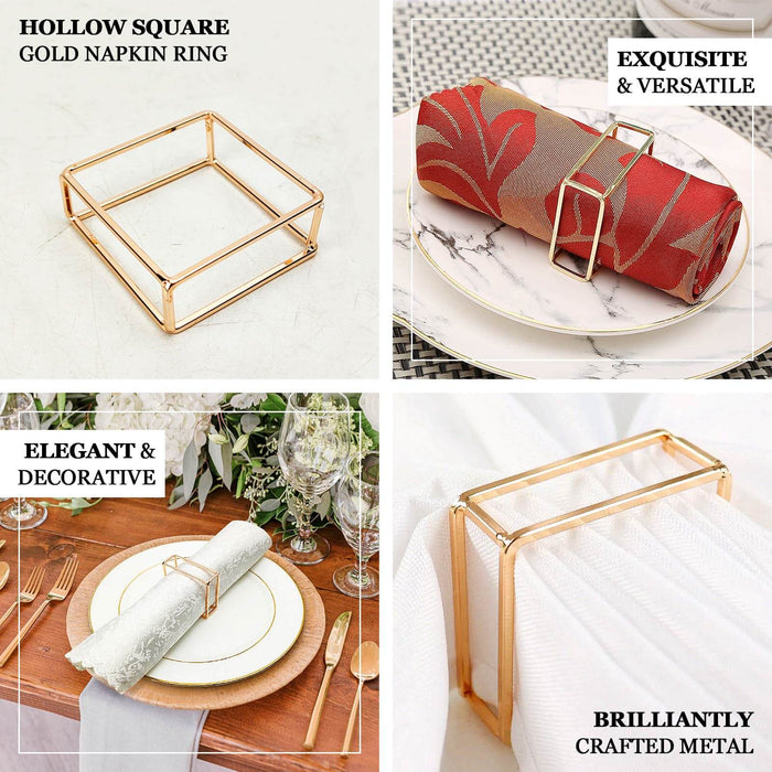 4 Pack | Gold Metal Hollow Square Napkin Rings, Modern Geometric Cube Napkin Holders